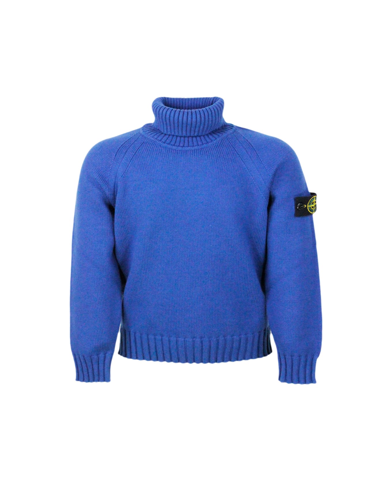 Stone Island Junior Long-sleeved Turtleneck Sweater In Warm Stretch Cotton With Badge On The Left Sleeve - Blu royal