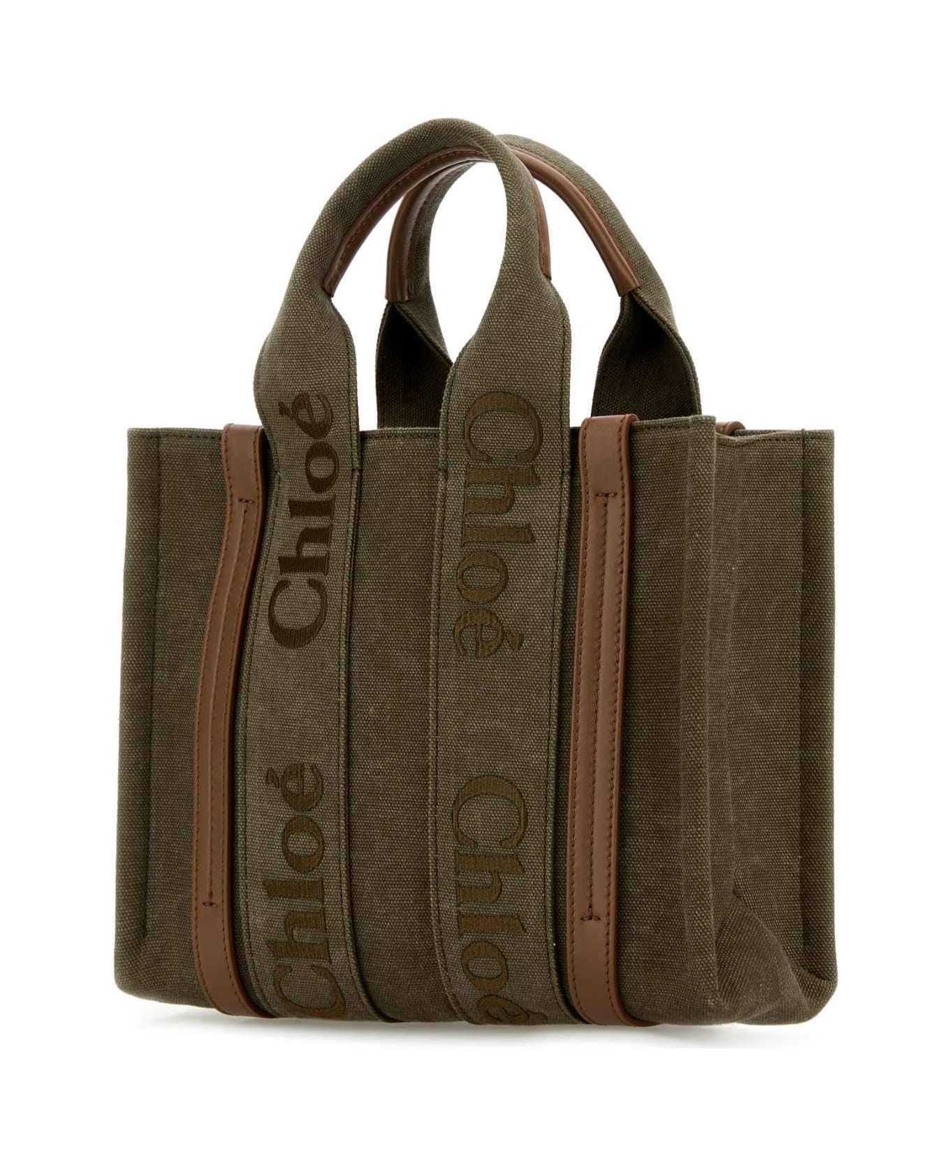 Chloé Khaki Canvas Small Woody Shopping Bag - DARKKHAKI