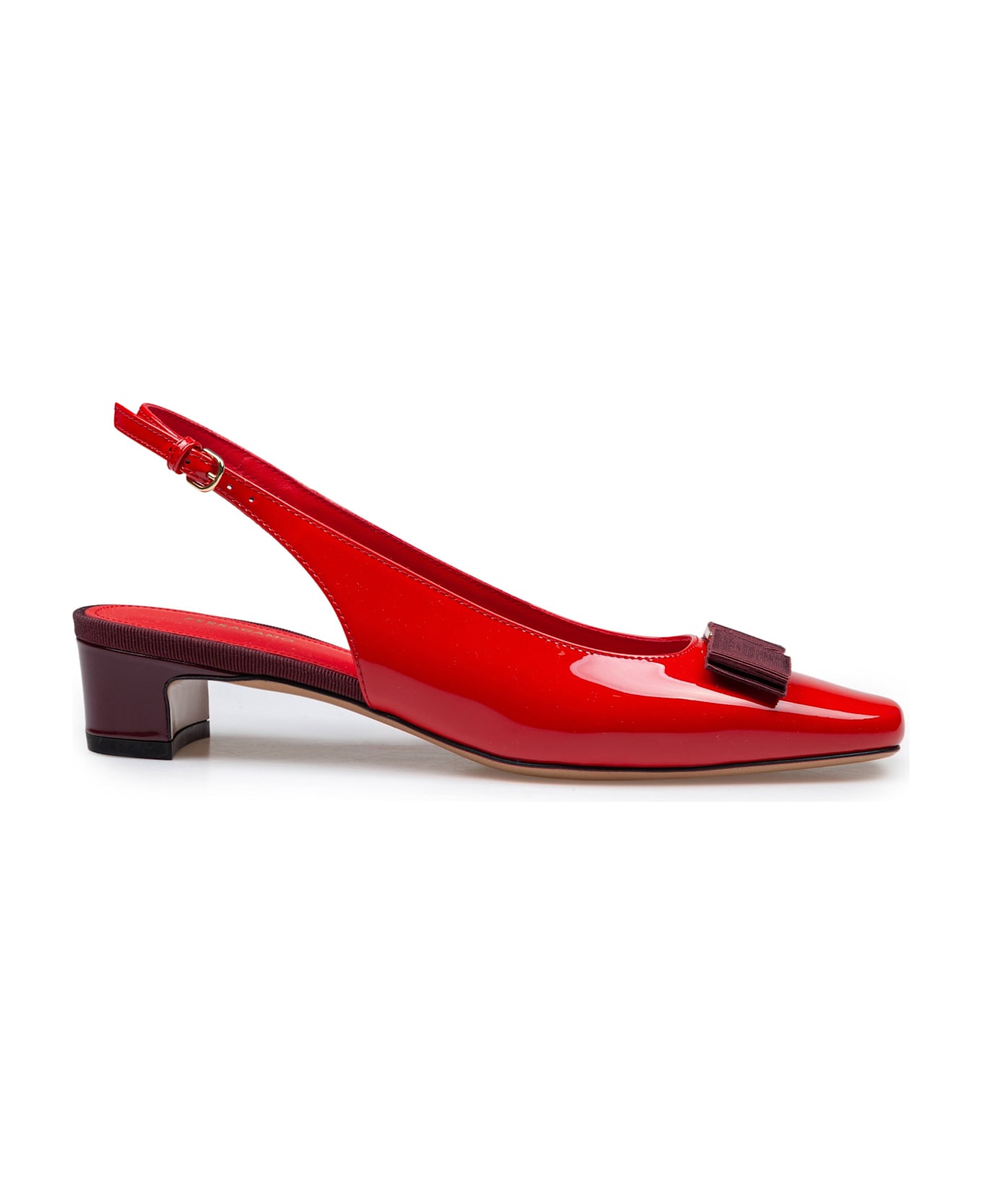 Ferragamo Slingback Rivalda In Patent Leather Burgundy Color - Flame Red 