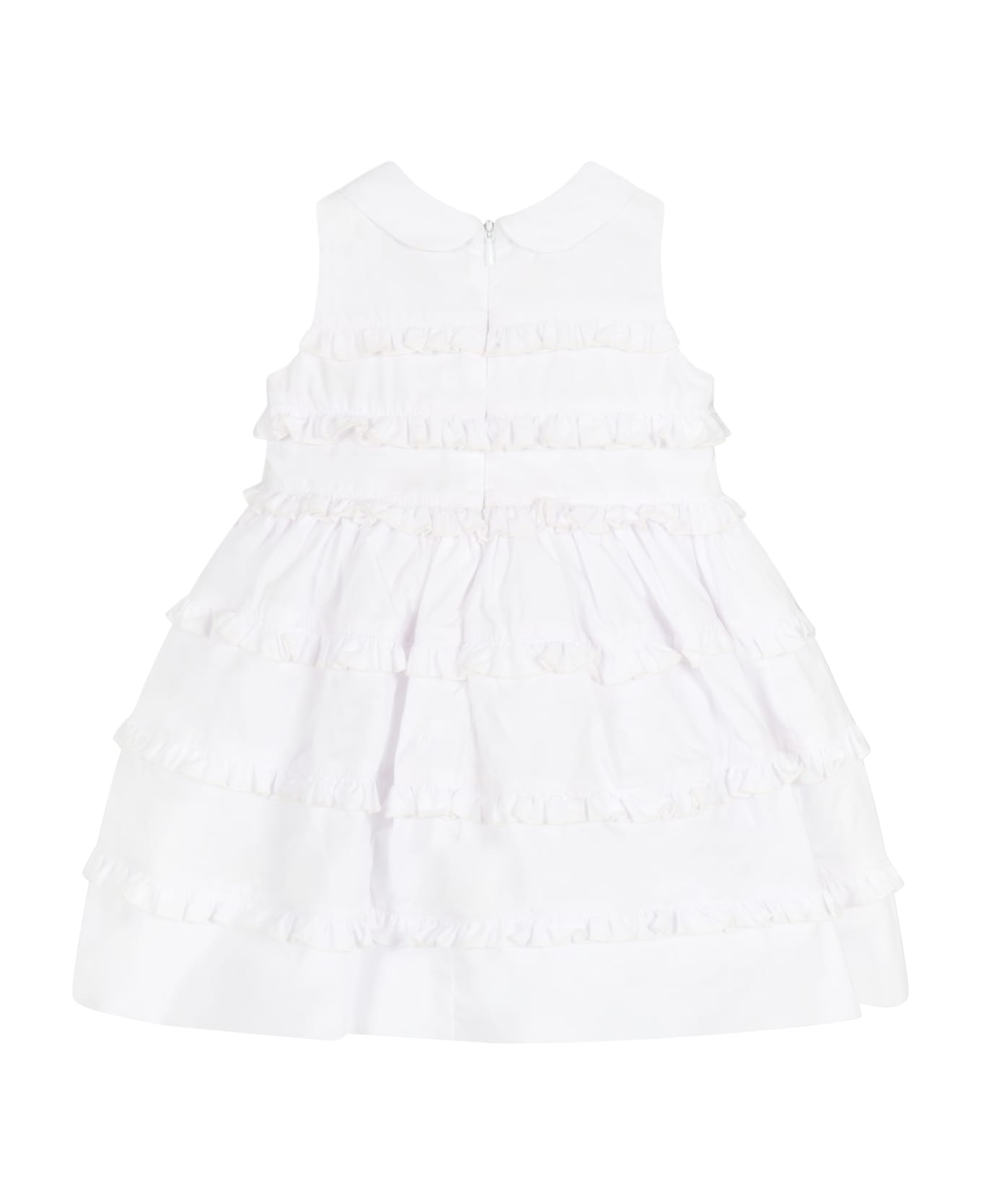 Monnalisa White Dress For Baby Girl With Rhinestone Logo - White