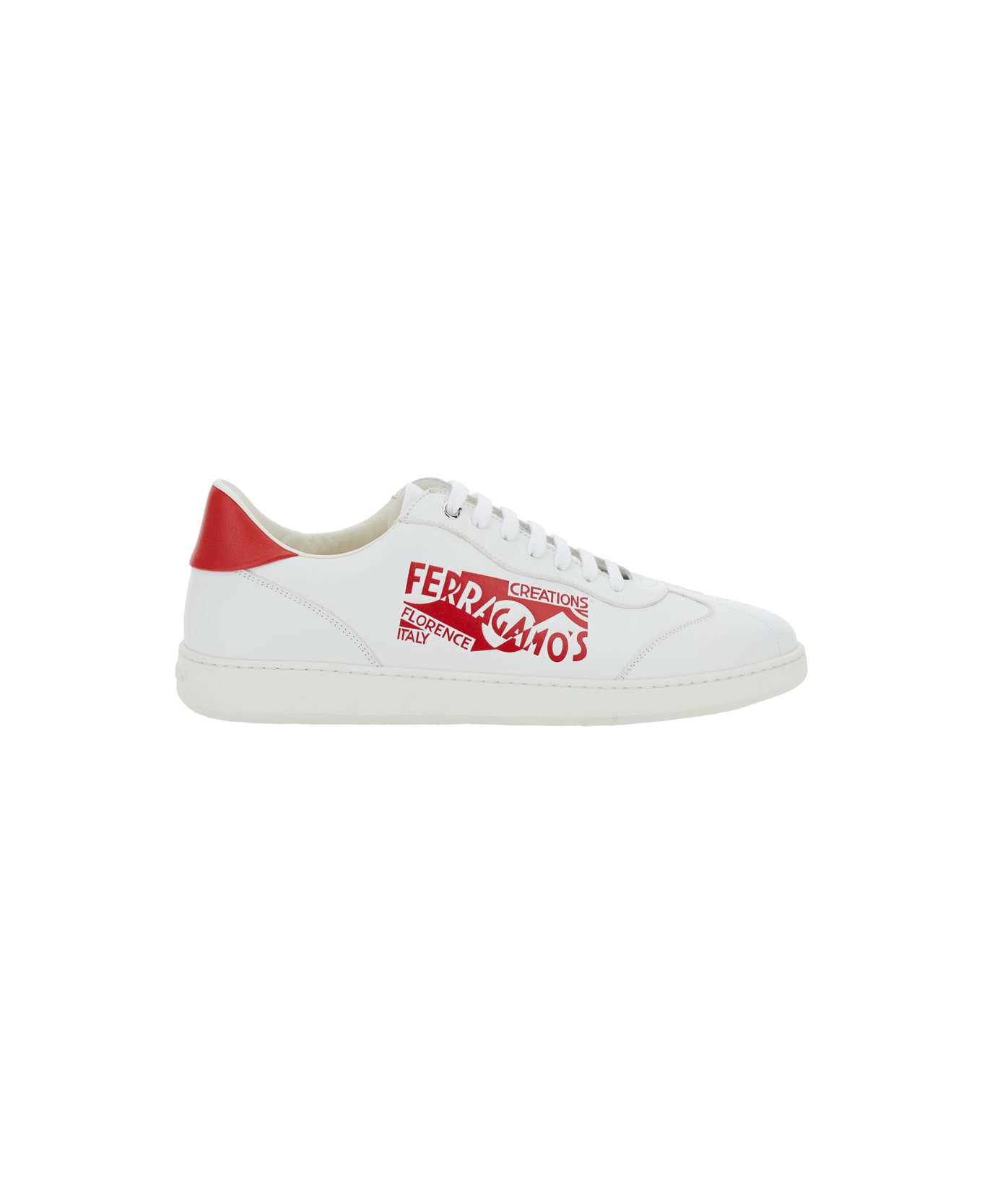 Ferragamo 'achille' White Low Top Sneakers With Red Logo Detail In Leather Man - White