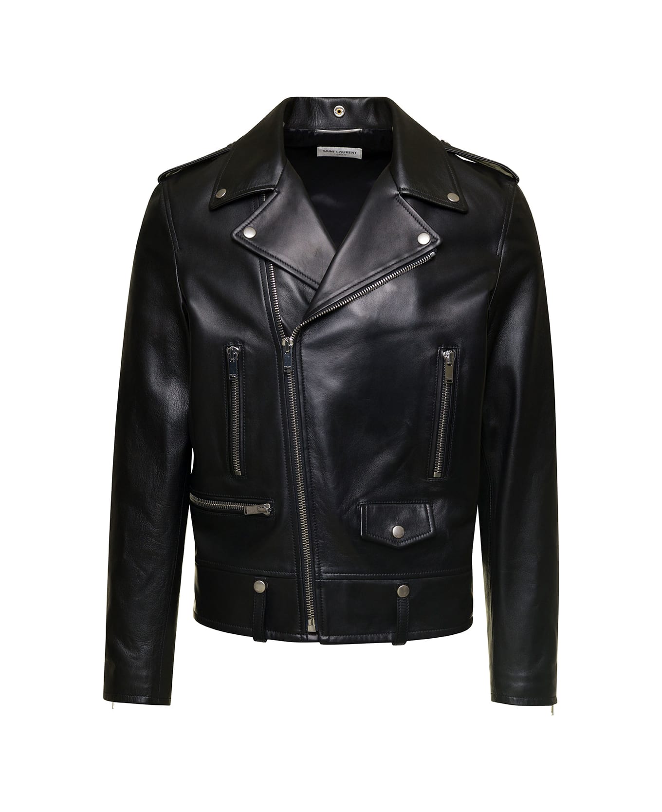 Saint Laurent Black Biker Jacket With Zipped Pockets In Smooth Leather Man - Black