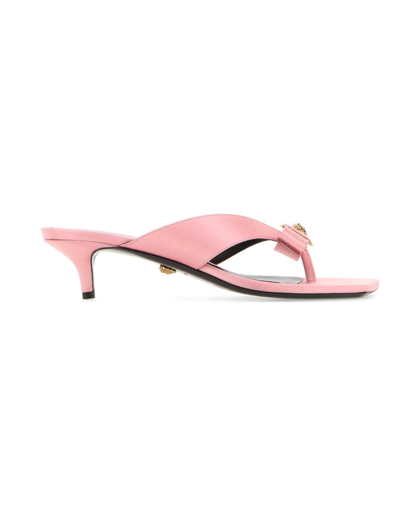 Versace Pink Satin Gianni Ribbon Thong Mules - ENGLISHROSEVERSACEGOLD