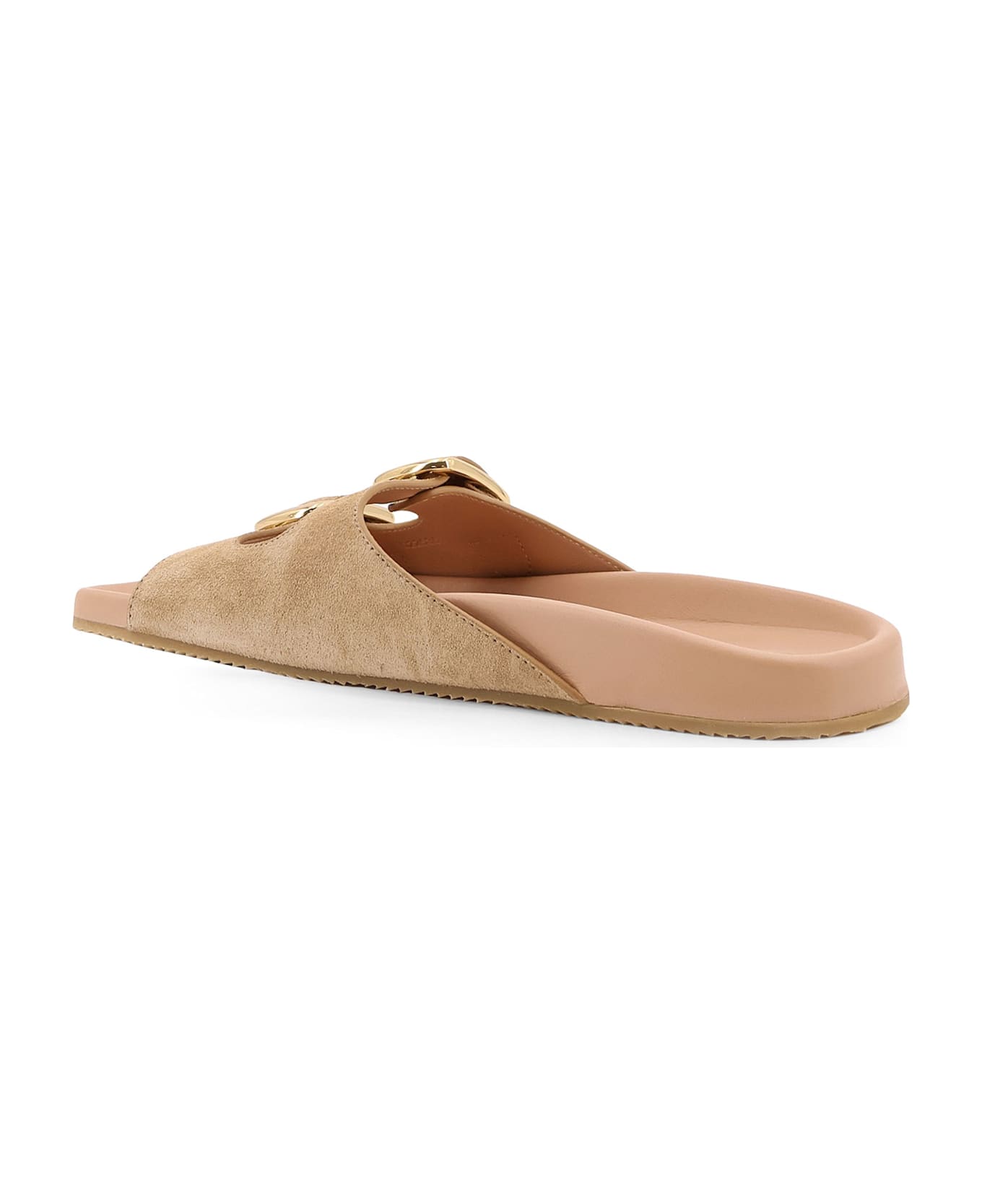 Chloé Polly Suede Sandals With Gold Metal Buckles - Beige