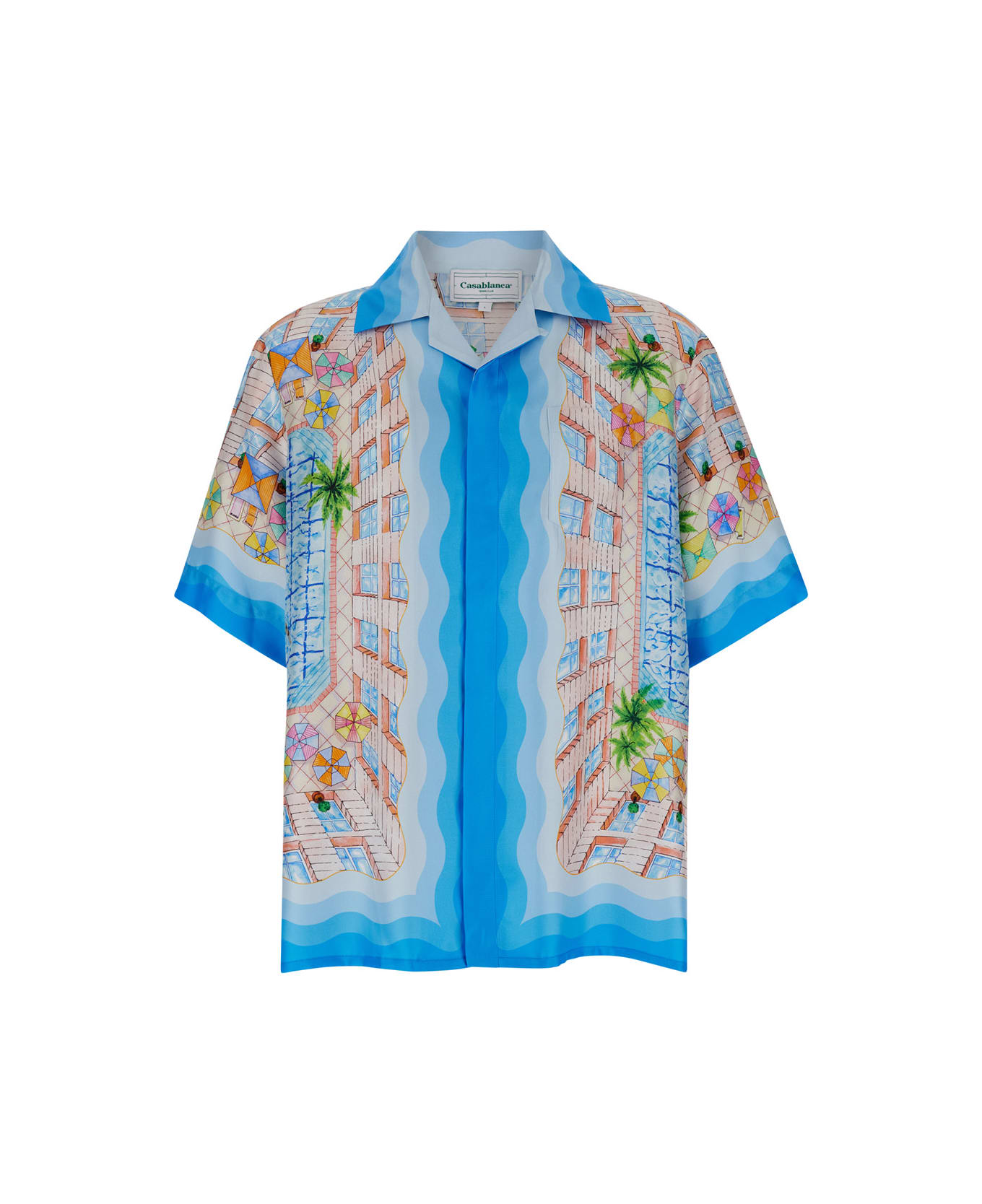 Casablanca Light Blue Bowling Shirt With All-over Graphic Print In Silk Man - Light blue