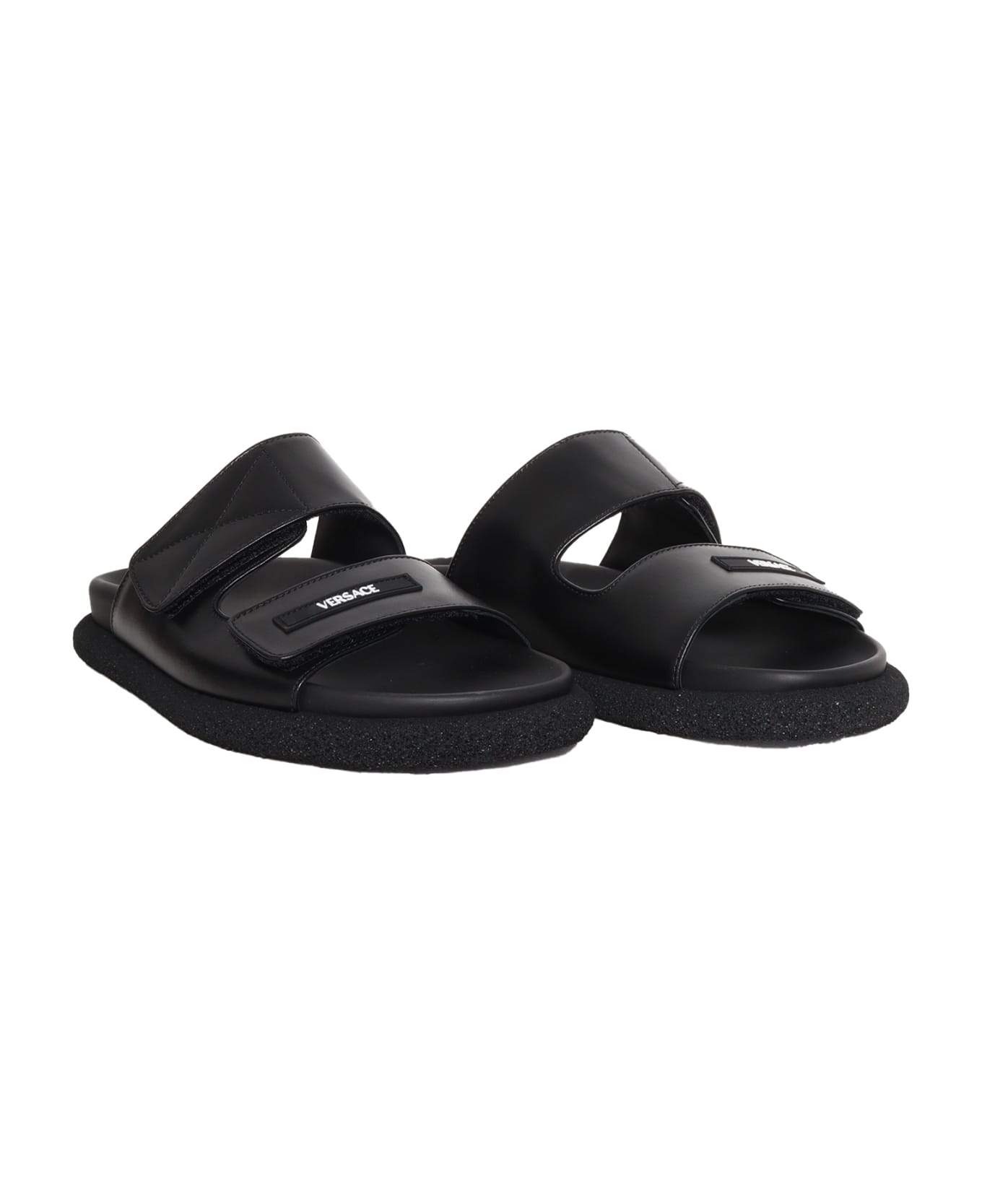 Versace Black Leather Slippers - BLACK