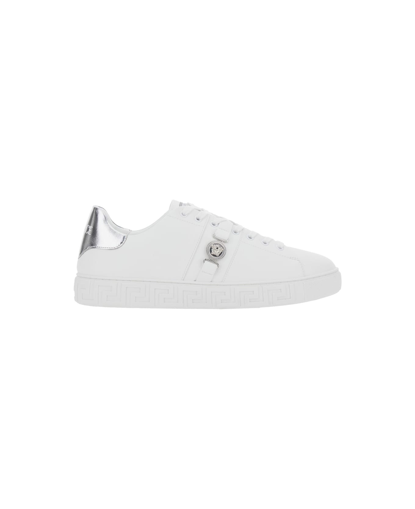 Versace White Low Top Sneakers With Contrasting Heel With Logo Lettering And Medusa Plaque In Tech Fabric Man - White