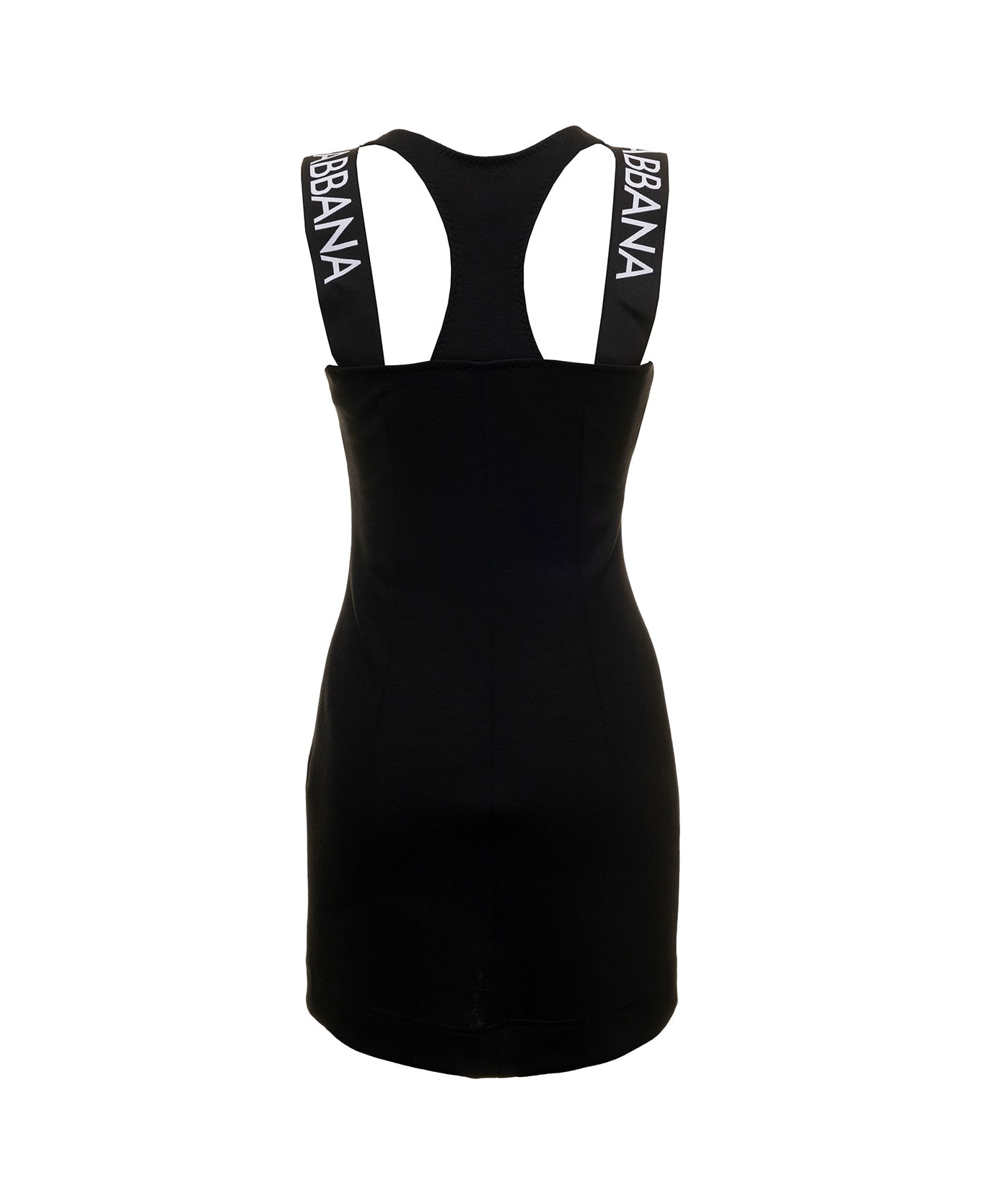 Dolce & Gabbana Black Sheath Dress In Stretch Fabric With Logoed Jacquard Shoulder Straps Dolce & Gabbana Woman - Black
