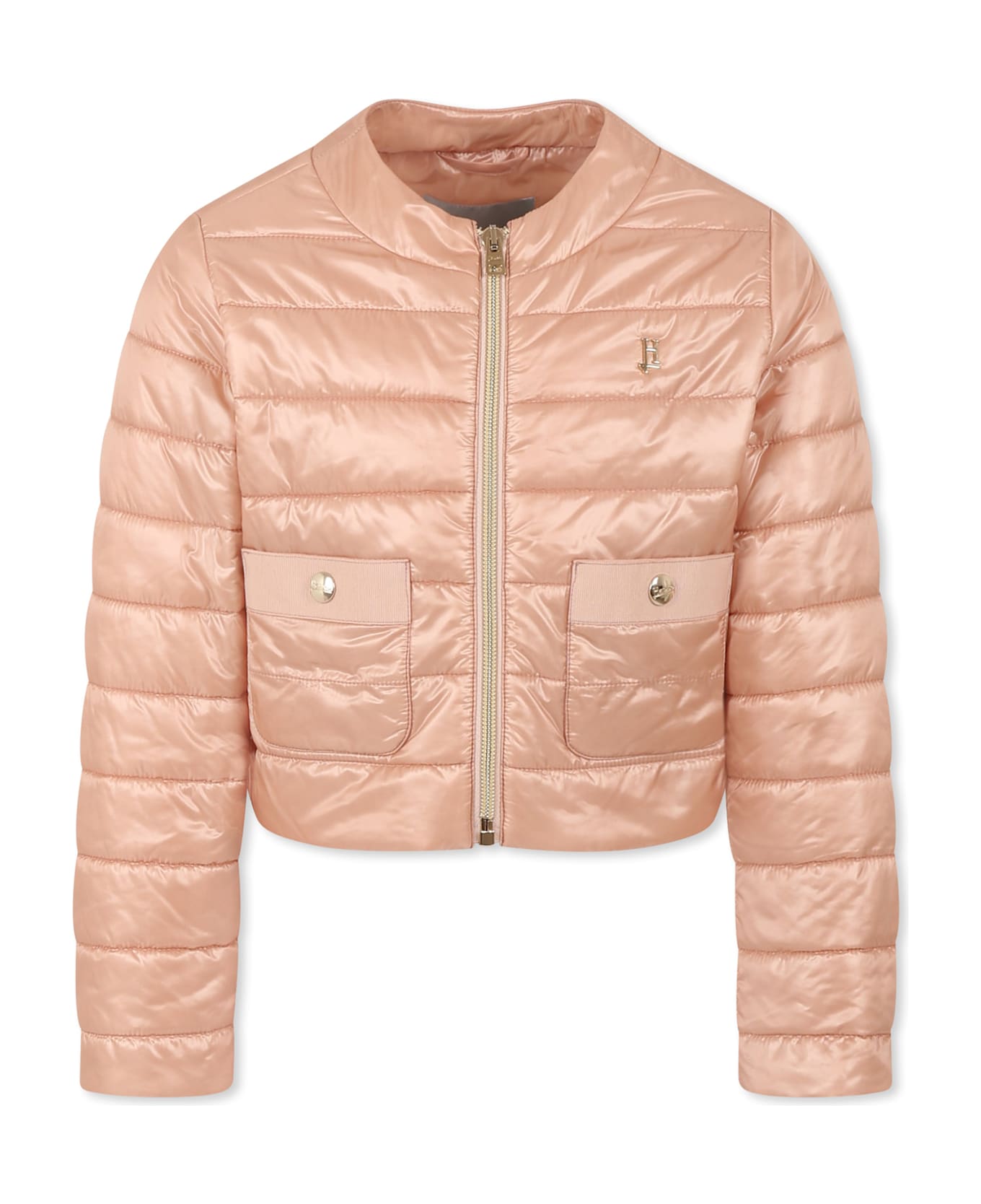 Herno Pink Crop Down Jacket For Girl With Logo - Pink