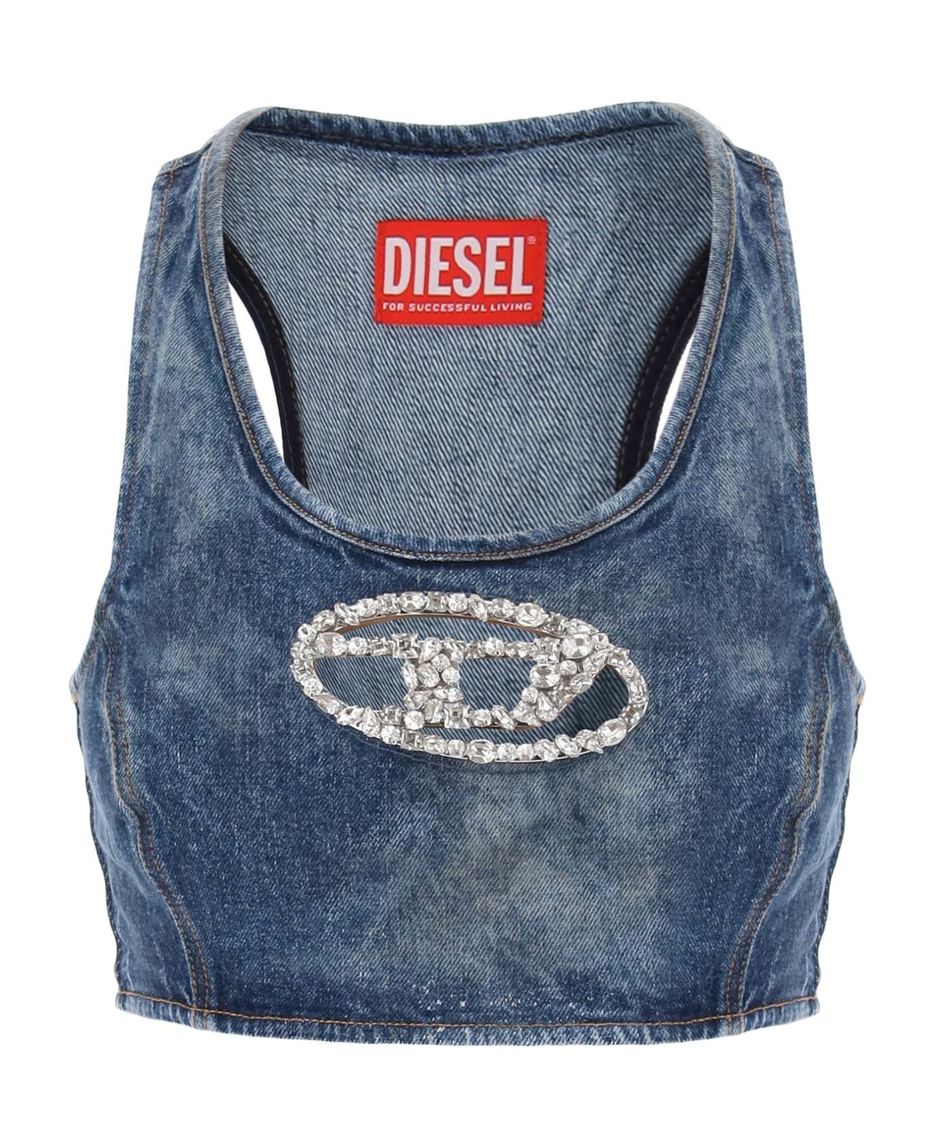 Diesel Denim Crop Top With Jewel Buckle - DENIM (Blue)