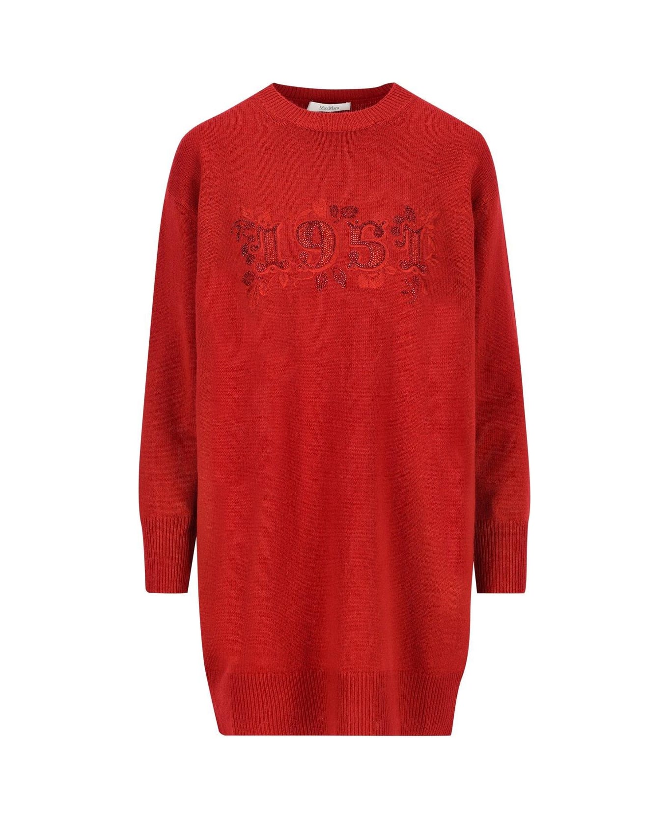 Max Mara Embellished Crewneck Long-sleeved Dress - Rosso