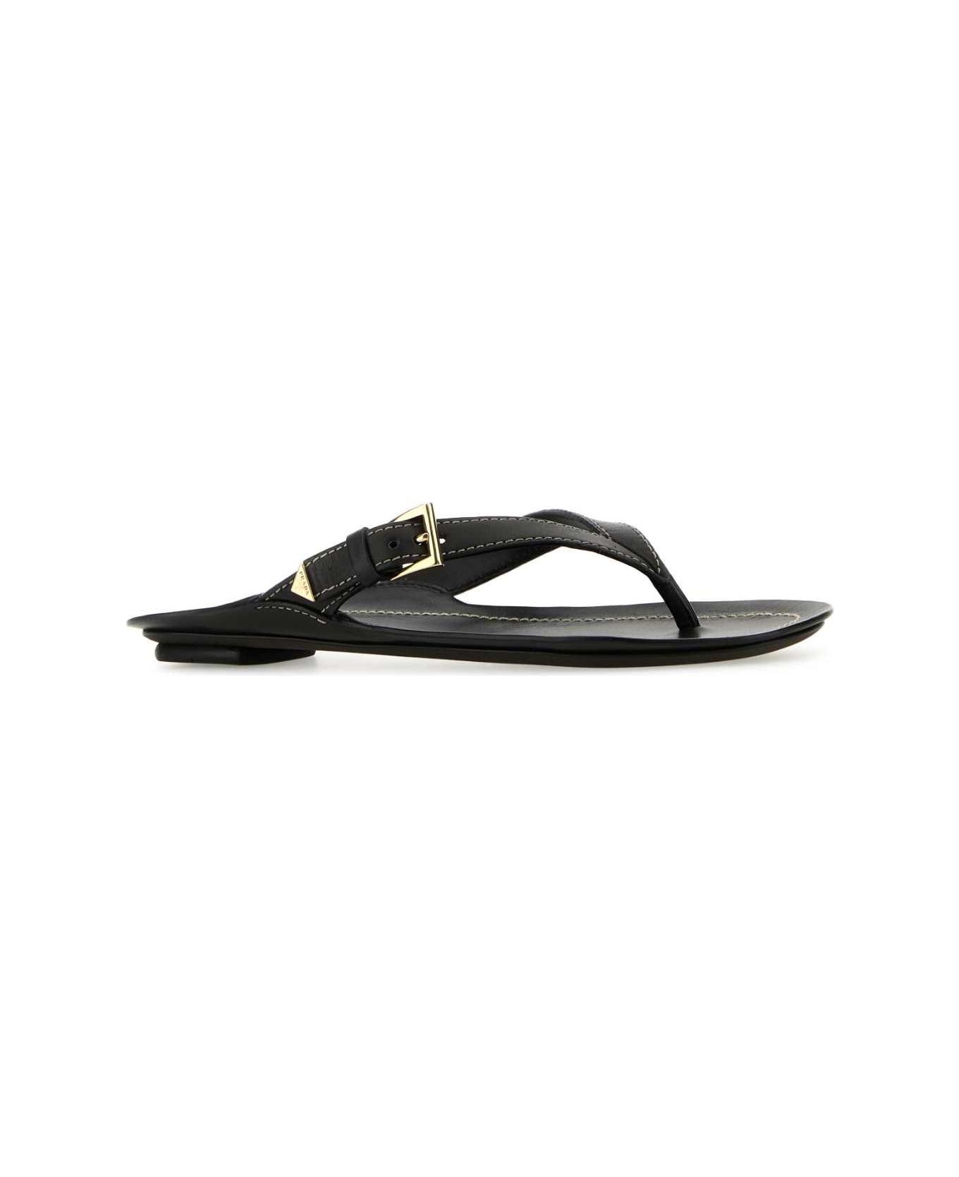 Prada Black Leather Thong Slippers - NERO