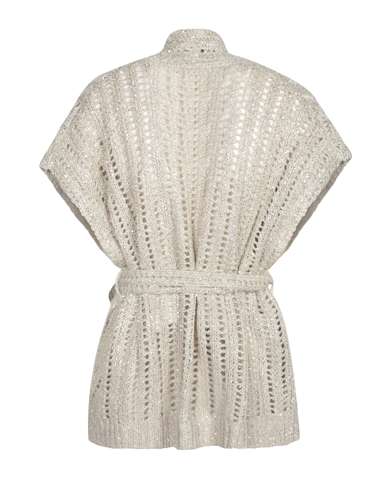 Brunello Cucinelli Crochet Belted Cardigan In Beige - Beige