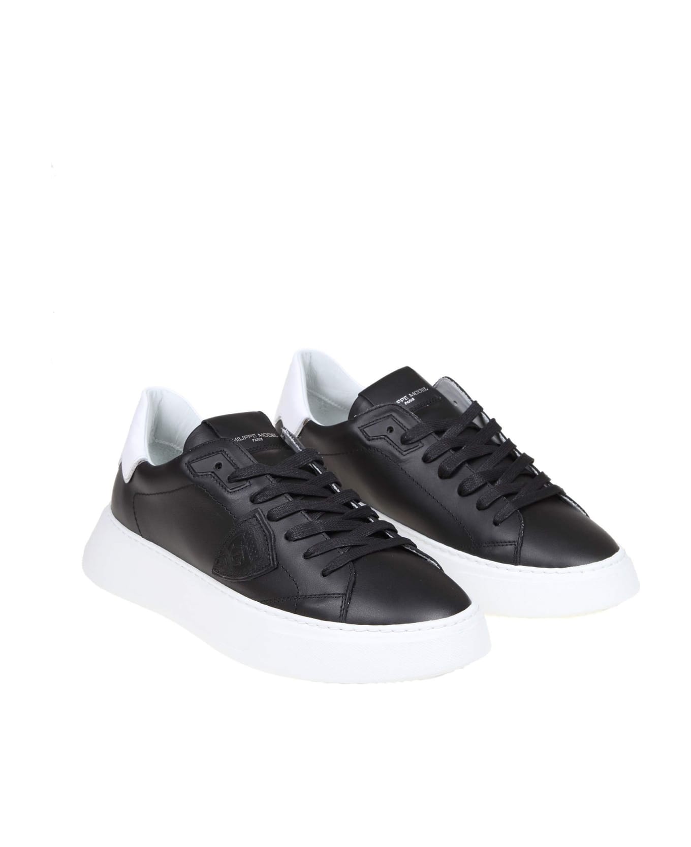 Philippe Model Temple Sneakers In Black Leather - Black /White