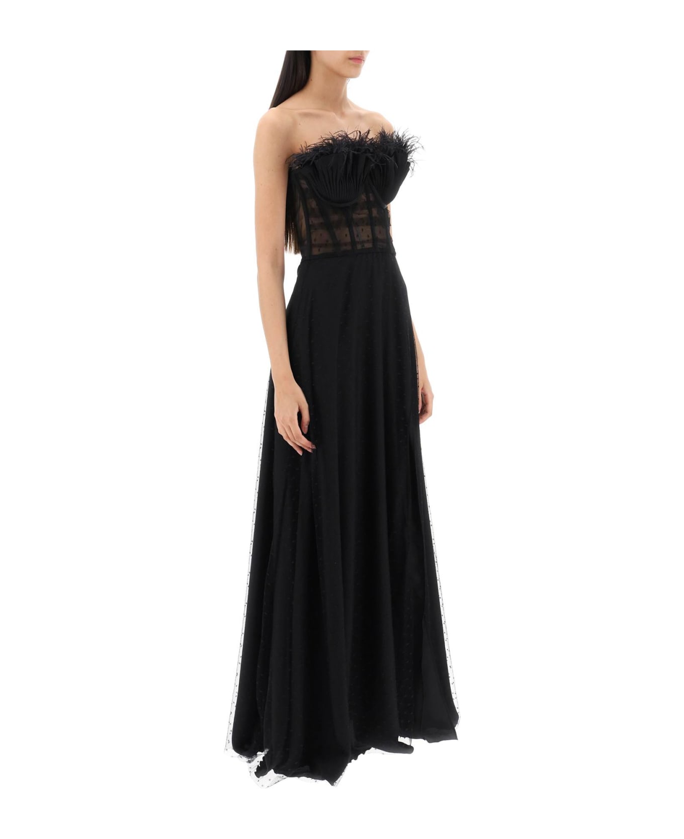 19:13 Dresscode Long Bustier Dress With Feather Trim - BLACK (Black)