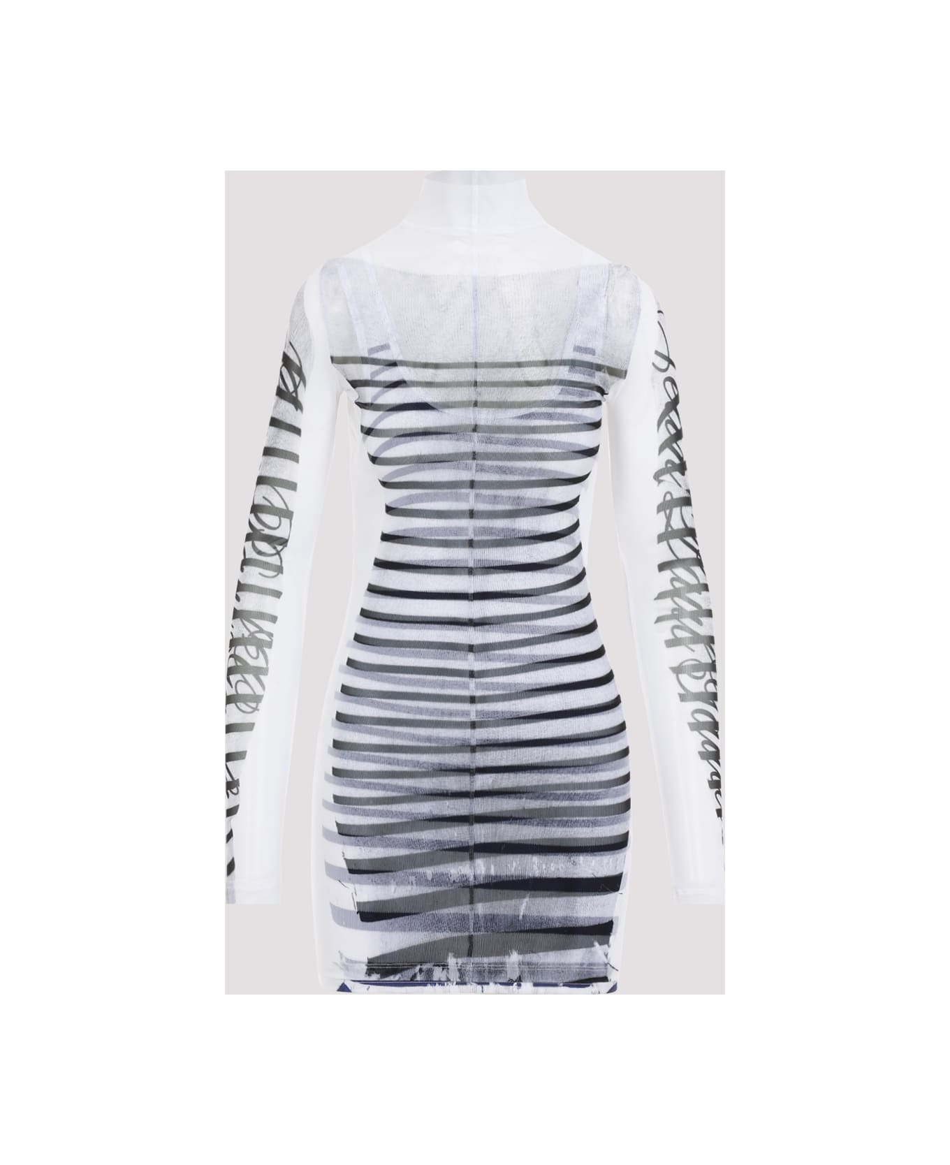 Jean Paul Gaultier Spandex Mesh Printed Feathers Mariniere Mini Dress - White Navy Black