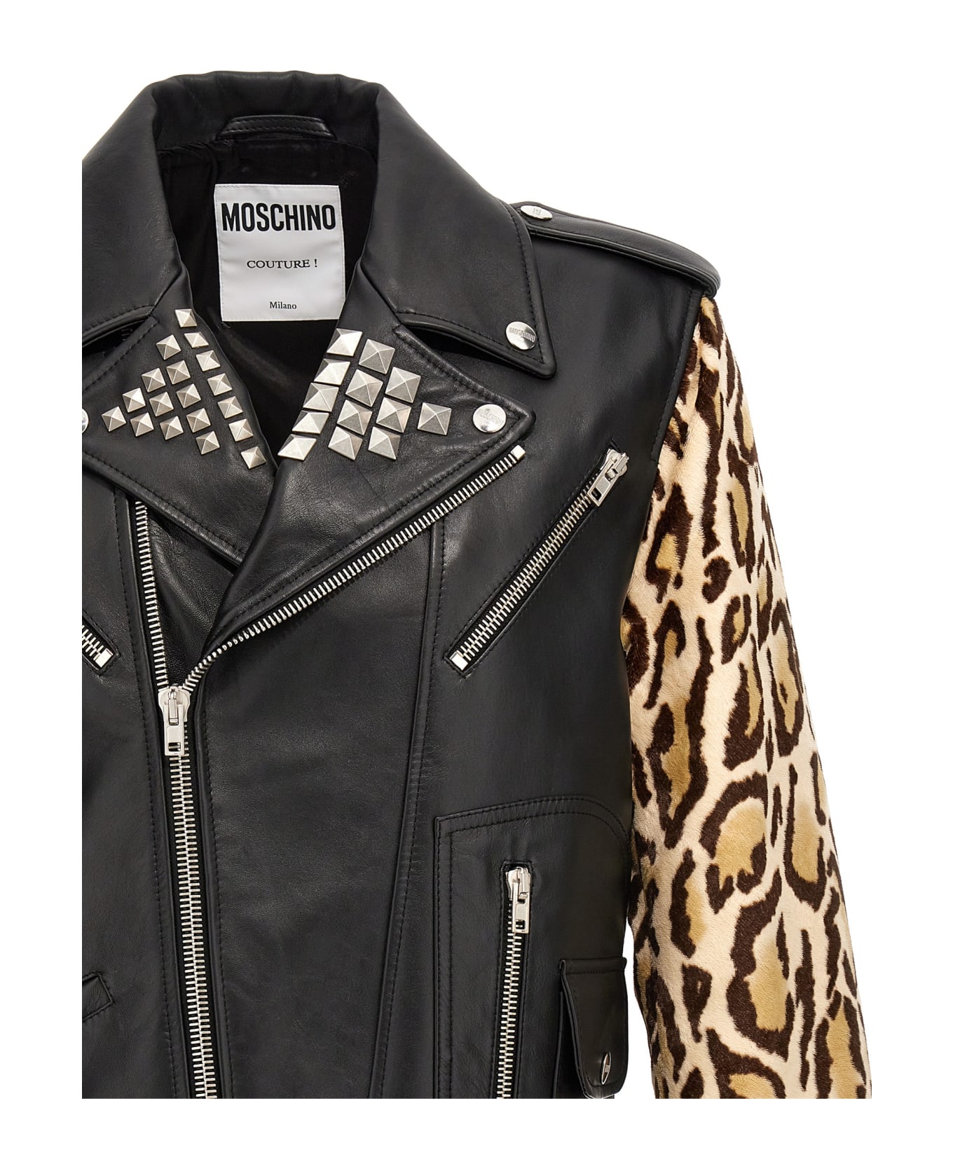 Moschino Animal-print Sleeves Leather Jacket - BLACK レザージャケット