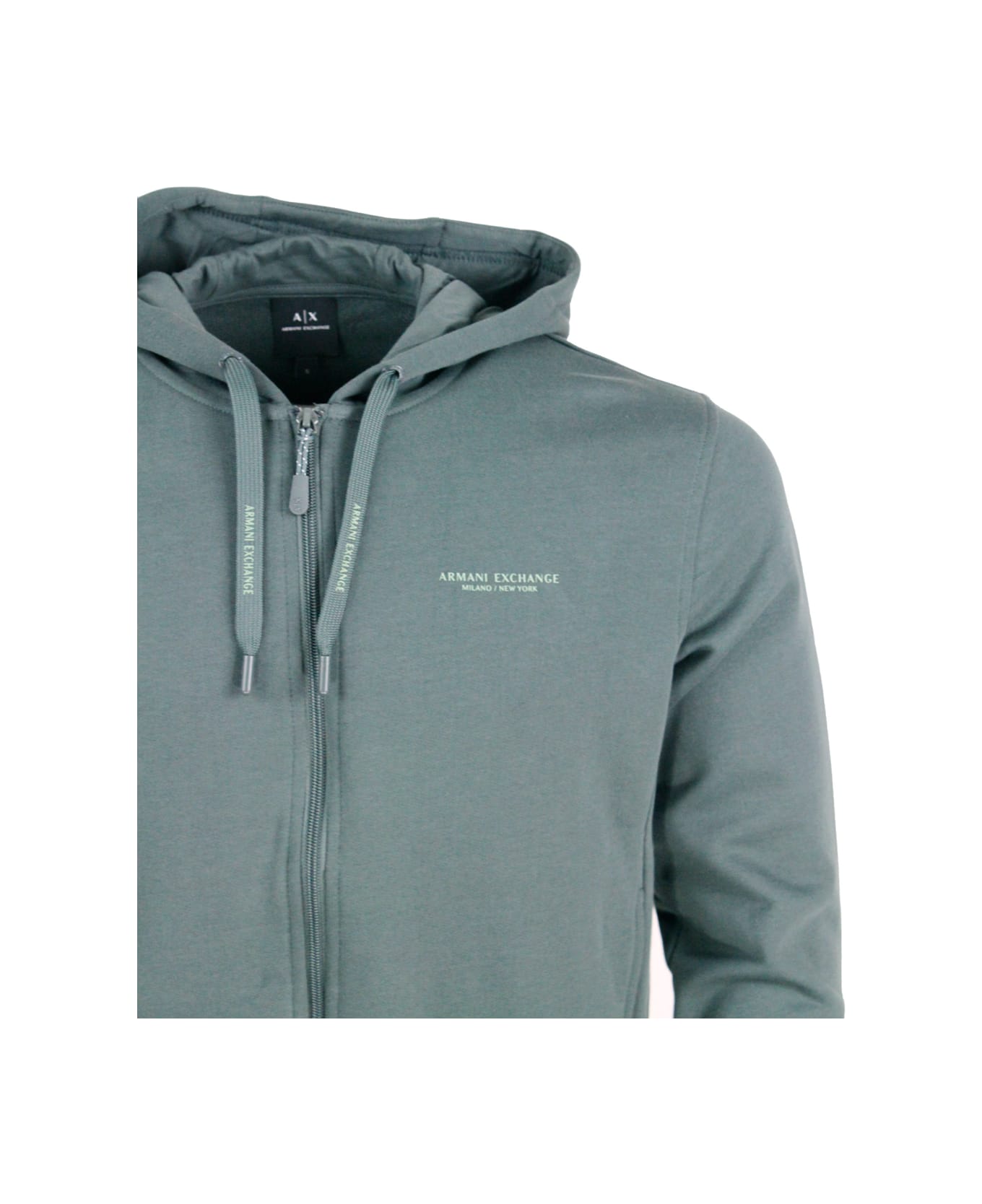 Armani Collezioni Long-sleeved Full Zip Drawstring Hoodie With Small Logo On The Chest - Green