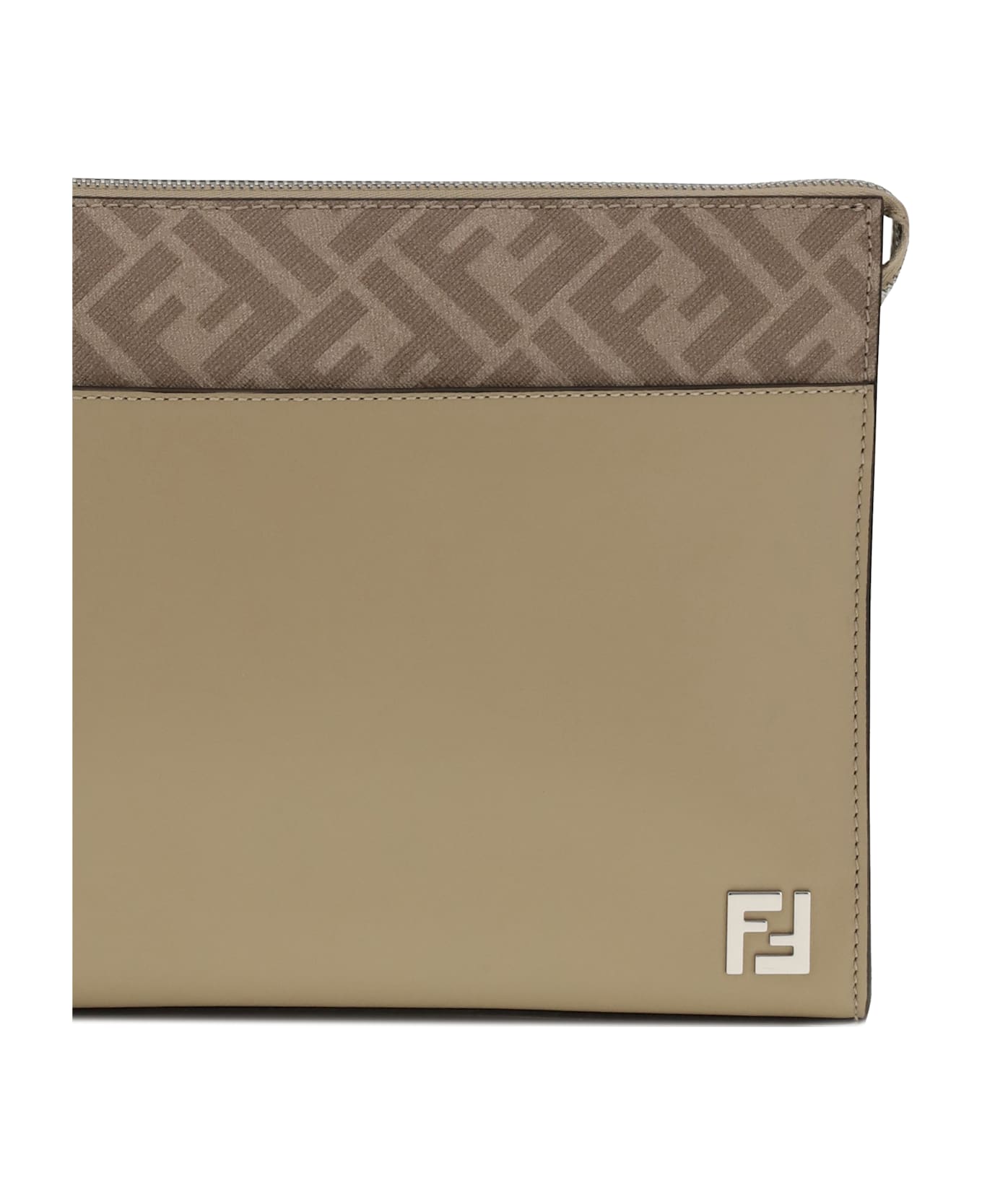 Fendi Leather And Ff Canvas Clutch