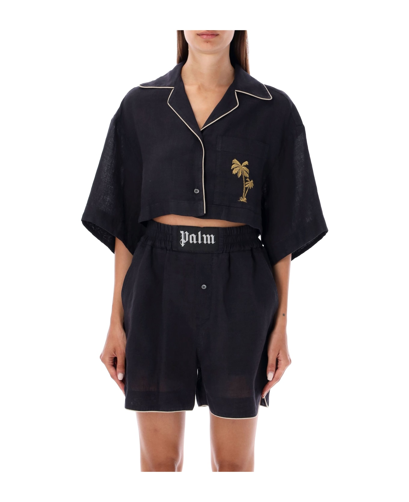 Palm Angels Cropped Linen Bowling Shirt - BLACK/GOLD