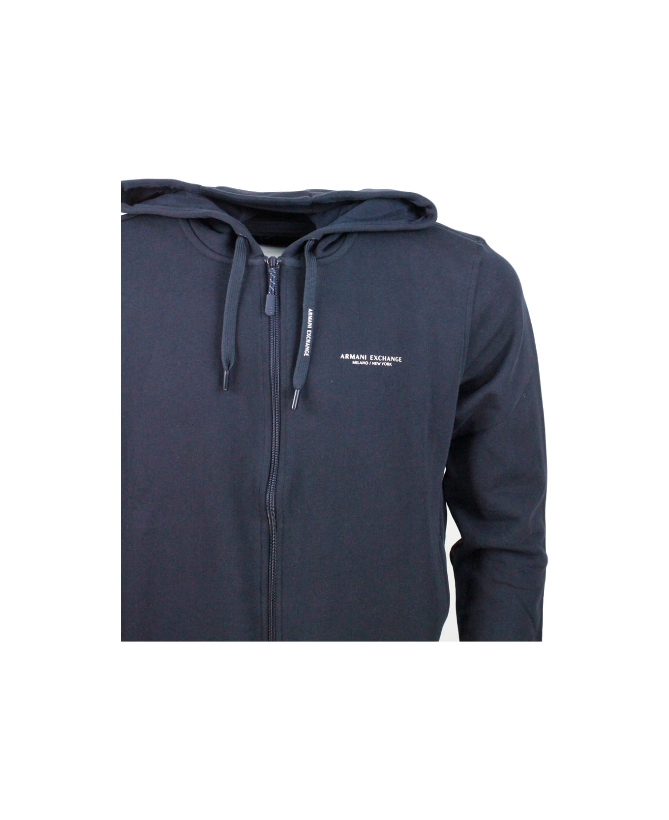 Armani Collezioni Long-sleeved Full Zip Drawstring Hoodie With Small Logo On The Chest - Blu