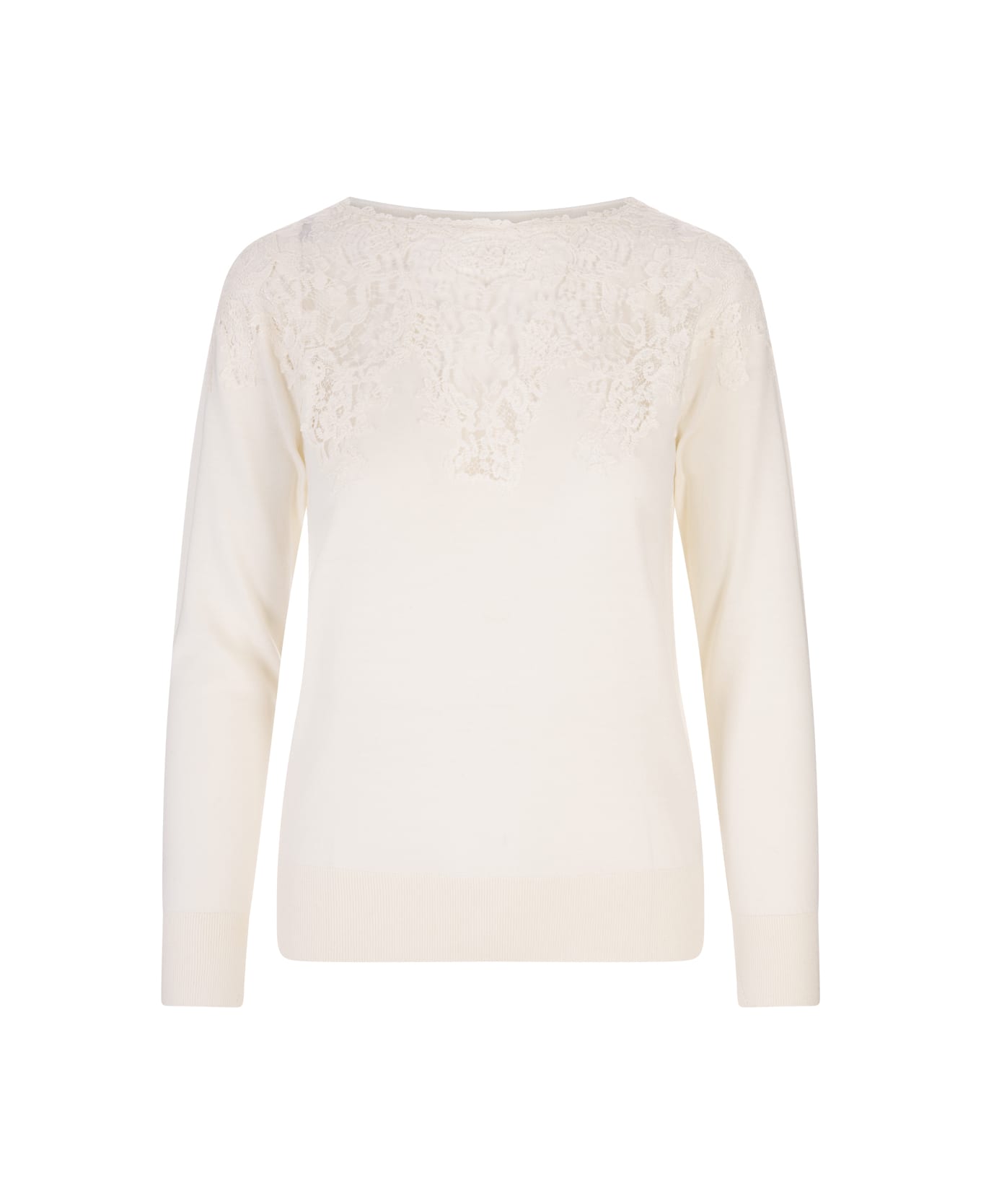 Ermanno Scervino White Wool Sweater With Lace Applications - Bianco