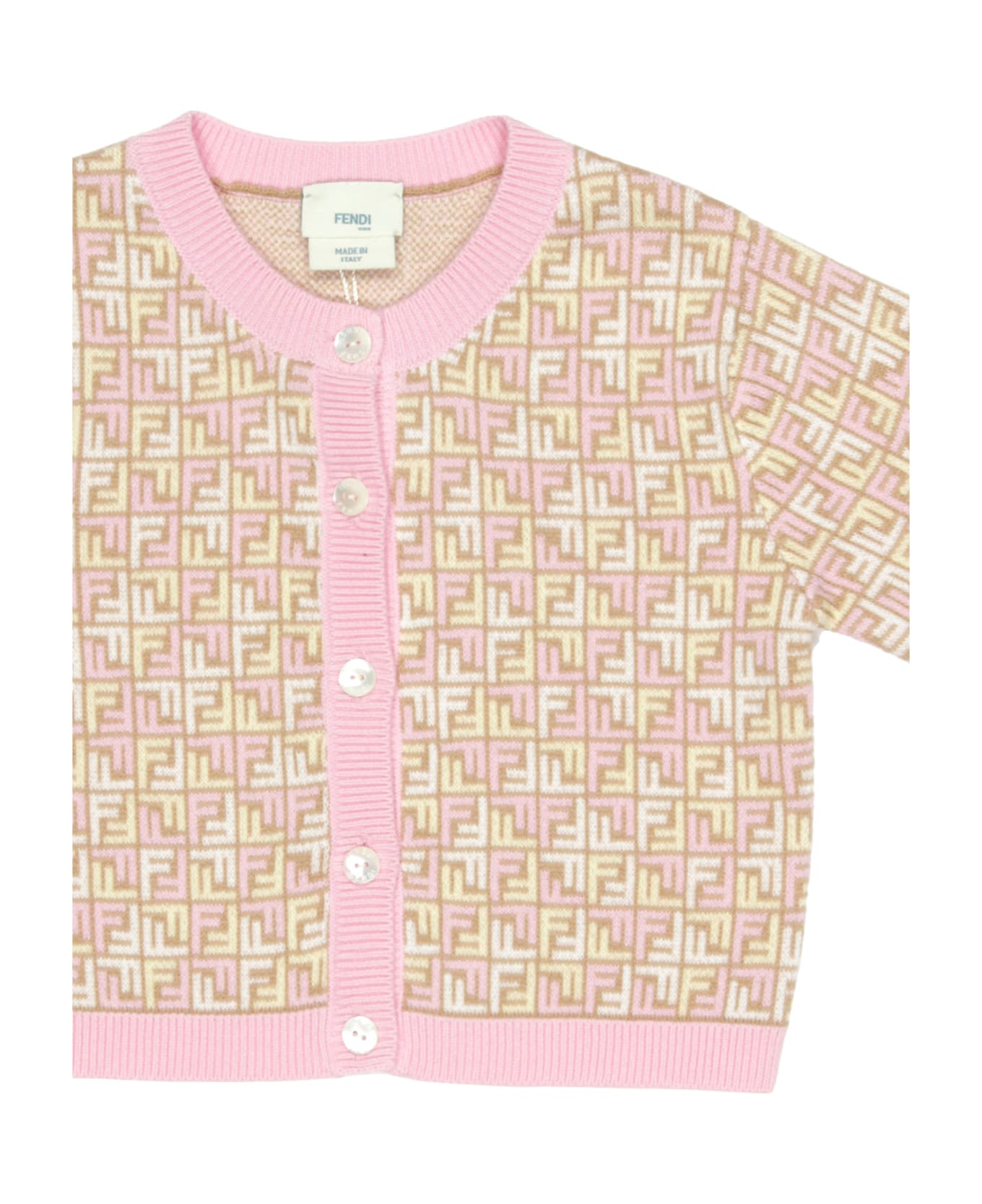 Fendi Beige And Pink Cardigan With Monogram Motif - MultiColour