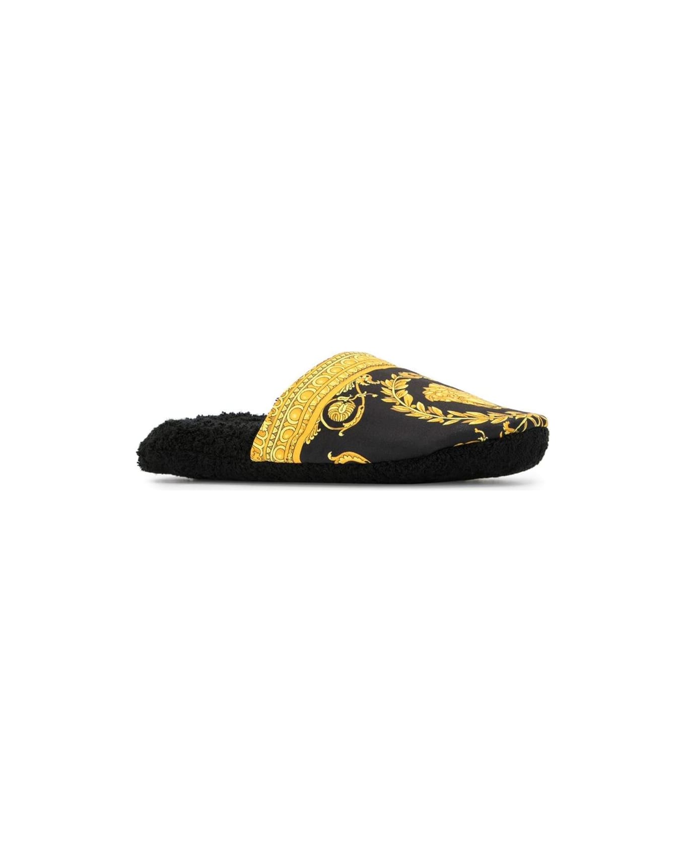 Versace Black And Gold House Slippers In Cotton And Terry With Baroque Print - Nero