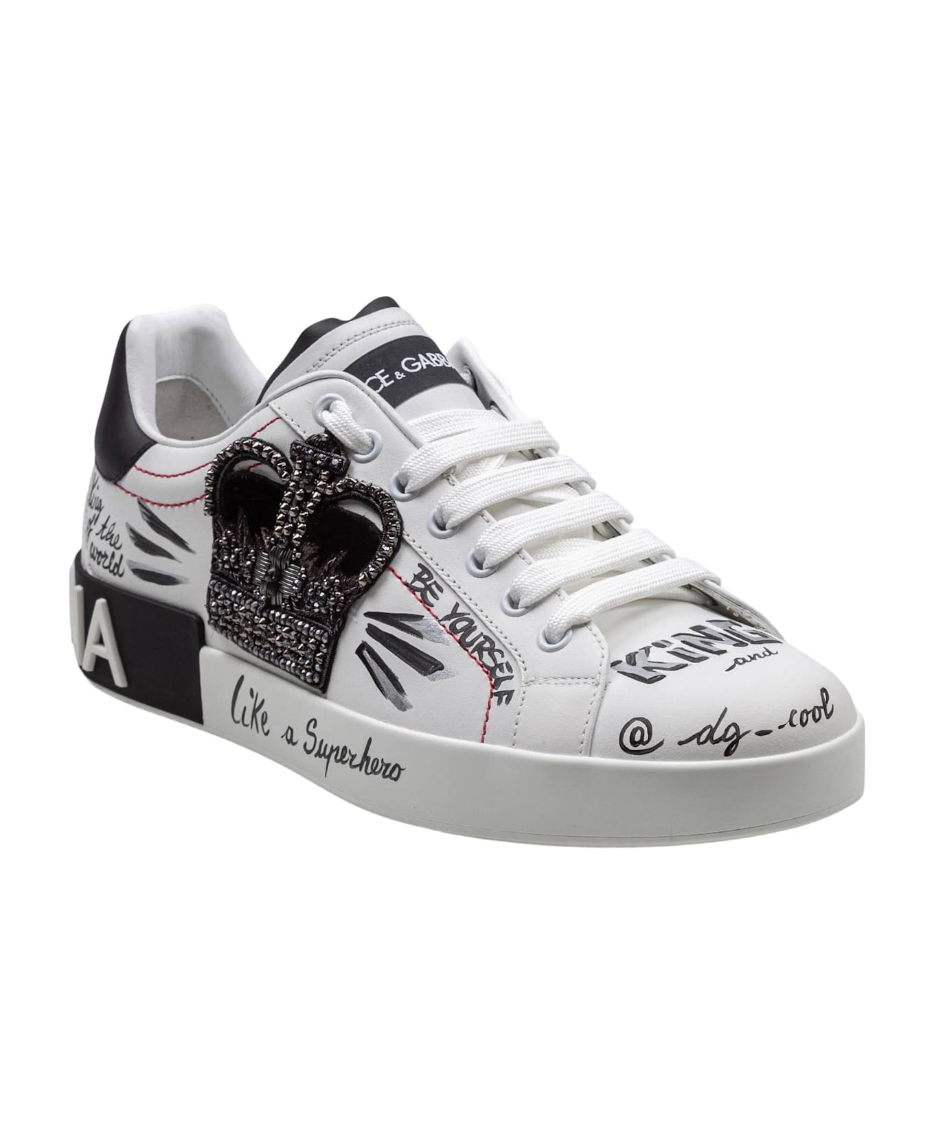 Dolce 
Gabbana Portofino Leather Sneakers With Embroidery And Patches - white/black