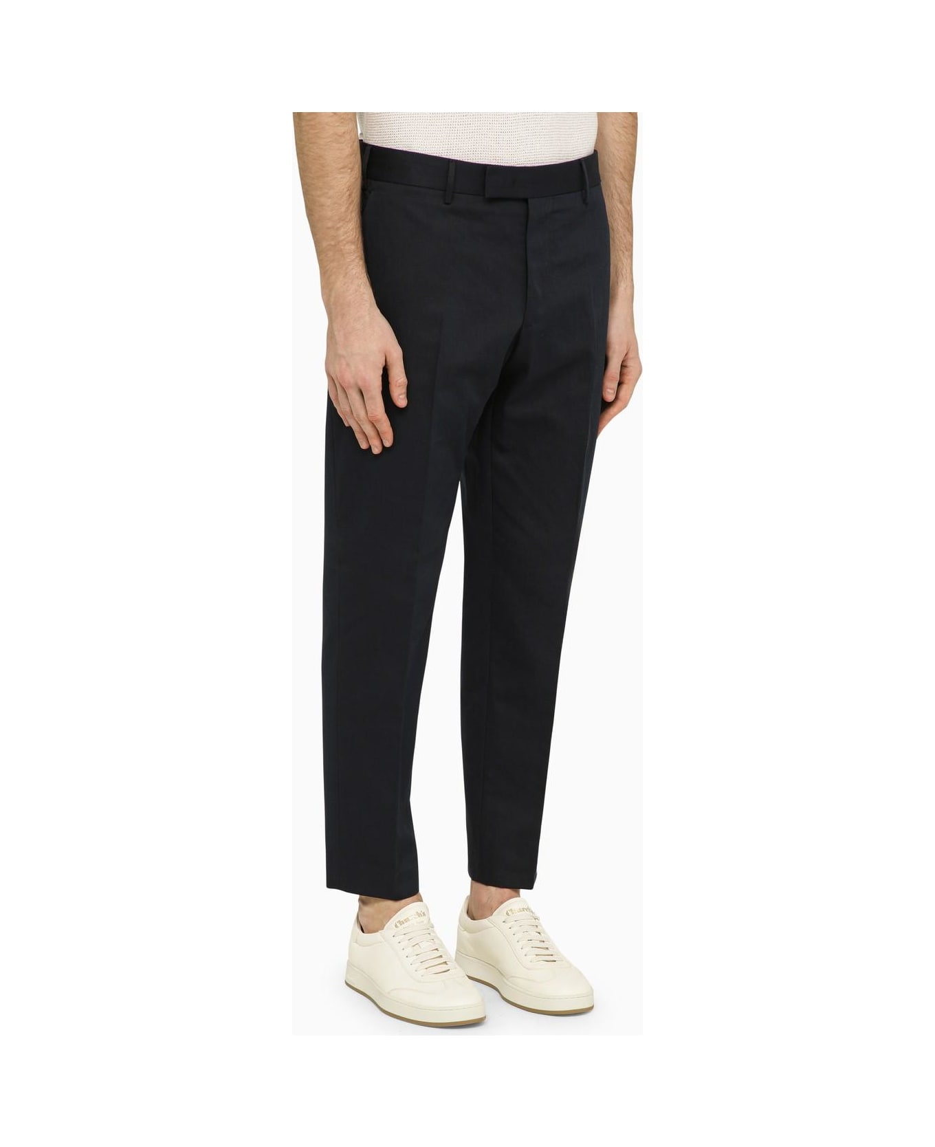 PT01 Navy Blue Slim Trousers In Cotton And Linen - Blu