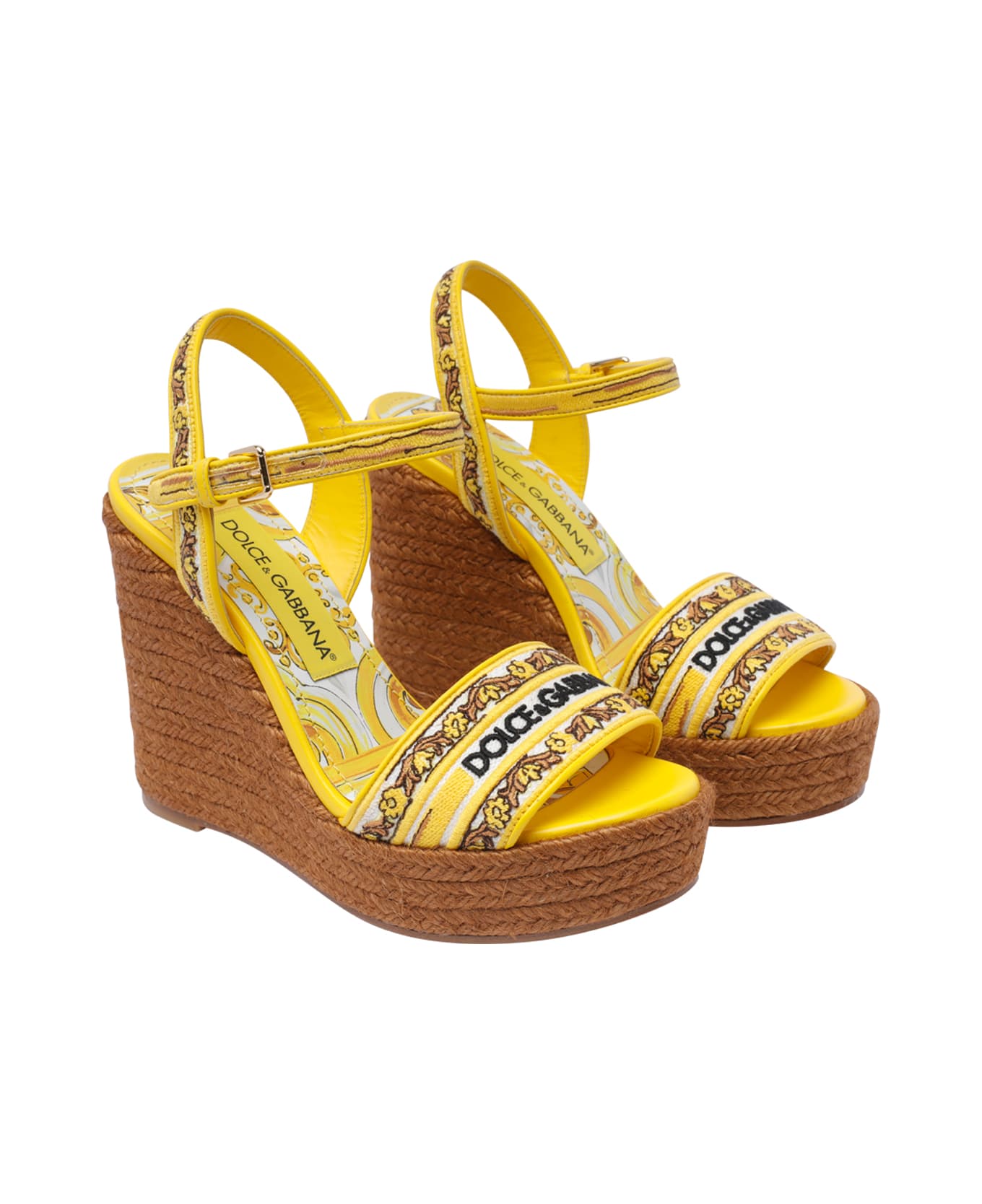 Dolce 
Gabbana Maiolica Print Logo Charmeuse Wedged Sandals - Yellow
