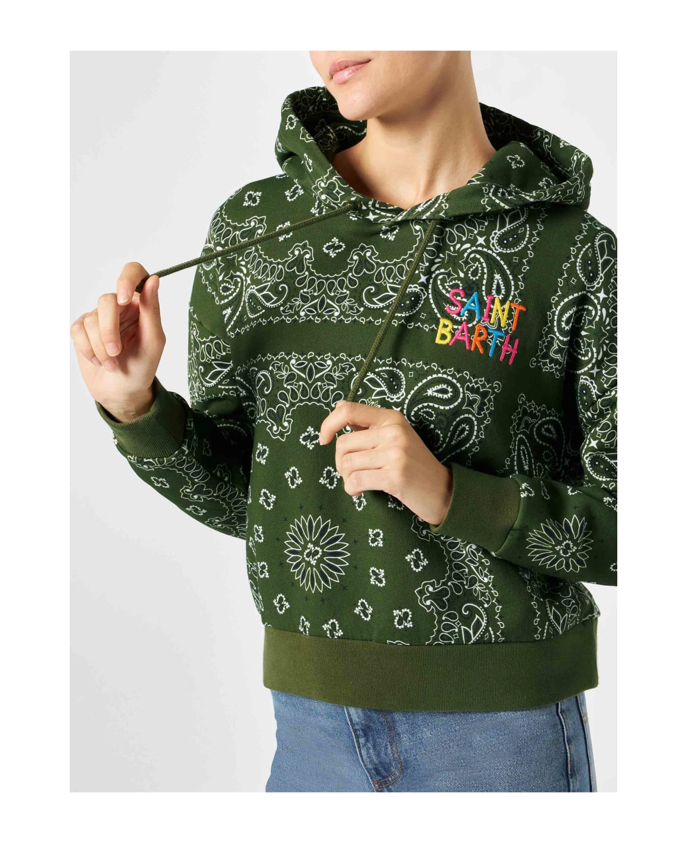 MC2 Saint Barth Woman Hooded Fleece Sweatshirt With Bandanna Print - GREEN