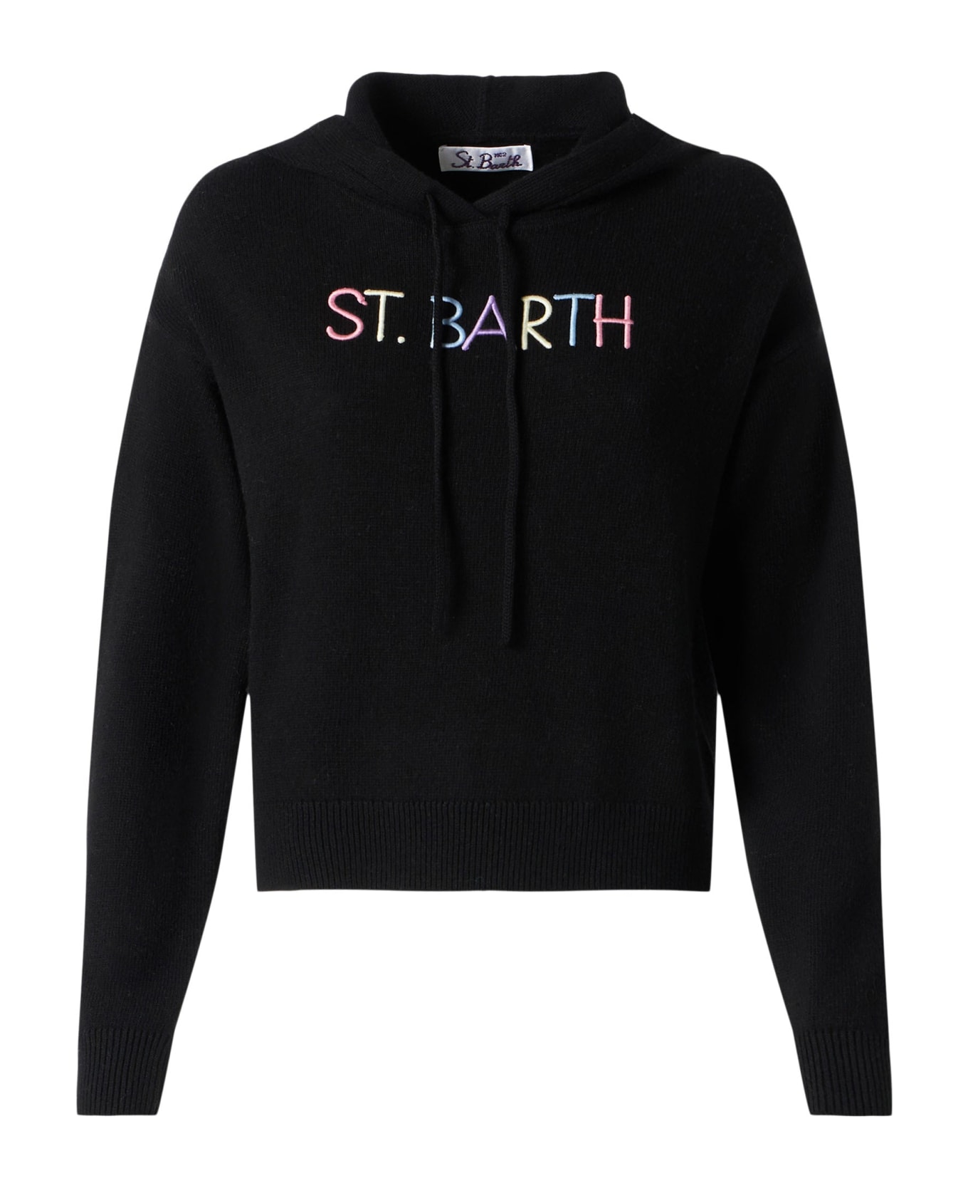 MC2 Saint Barth Cropped Knit Hoodie With St. Barth Embroidery - BLACK