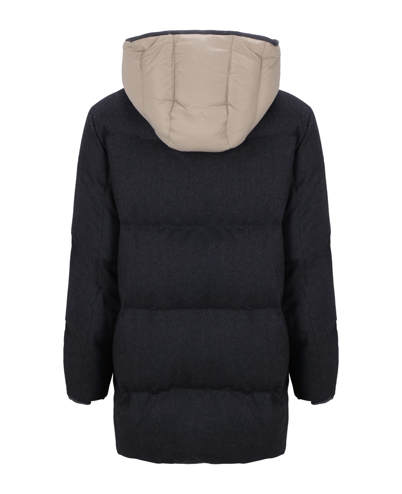 Brunello Cucinelli Long Down Jacket In Soft Wool Padded With Real Goose Down With Detachable Front With Hood. - Antracite