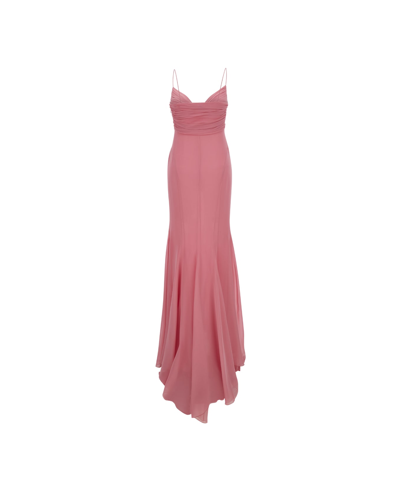 Blumarine Pink Draped Maxi Dress With Rose Applique In Silk Woman - Pink