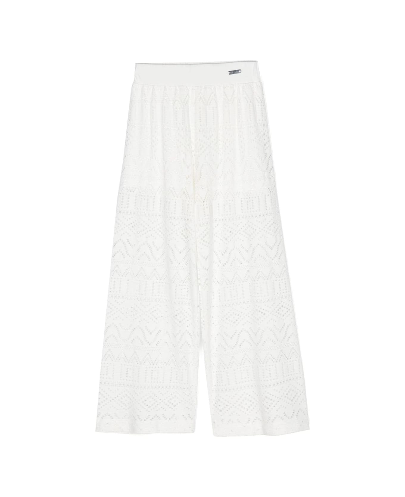 Monnalisa White Pants With Logo Plaque In Lace Girl - White