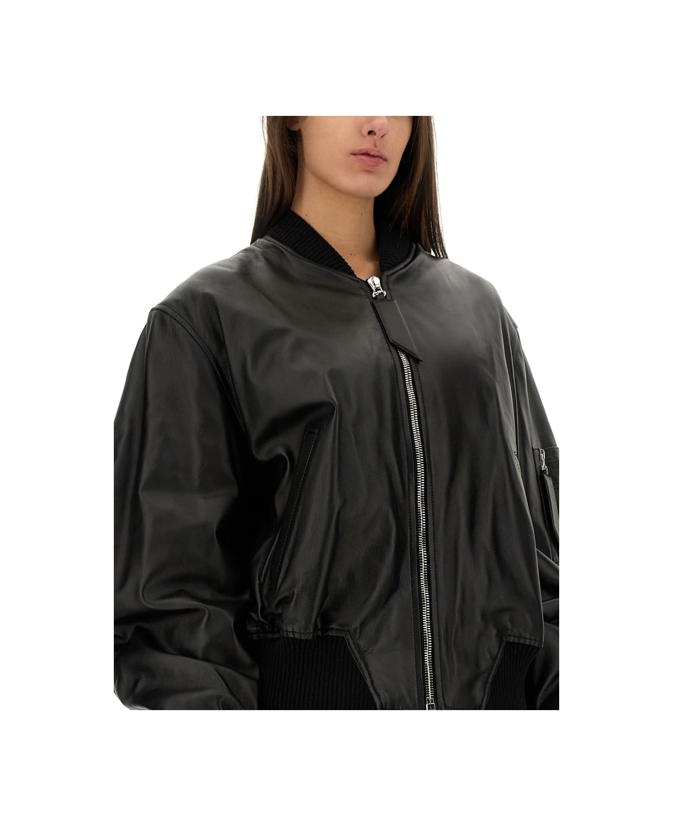 The Attico Leather Bomber Jacket - BLACK