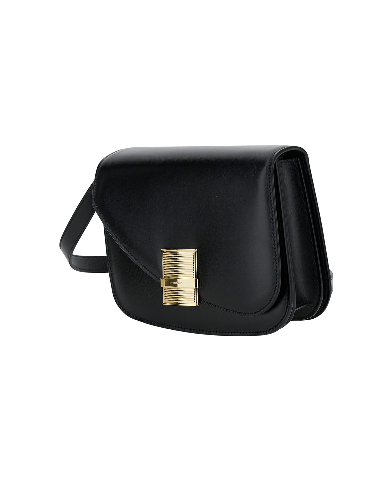 Ferragamo 'fiamma S' Black Shoulder Bag With Logo Detail And Oblique Flap In Leather Woman - Black