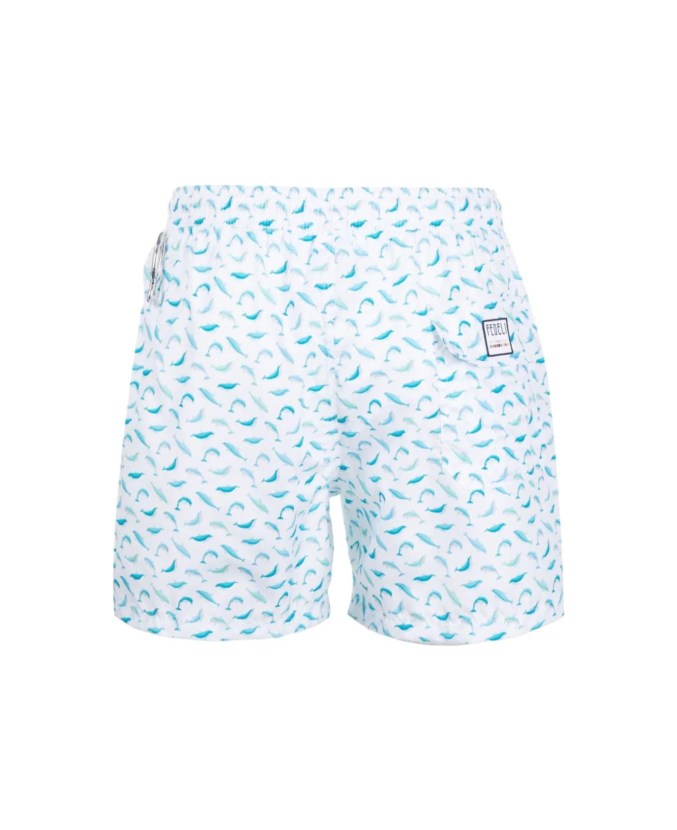 Fedeli White Swim Shorts With Blue Dolphin Pattern - White