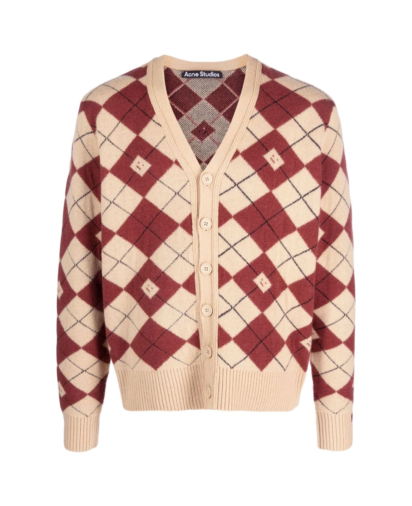 Acne Studios Logo-appliqué Diamond-pattern Cardigan - Dke Biscuit Beige/deep Red