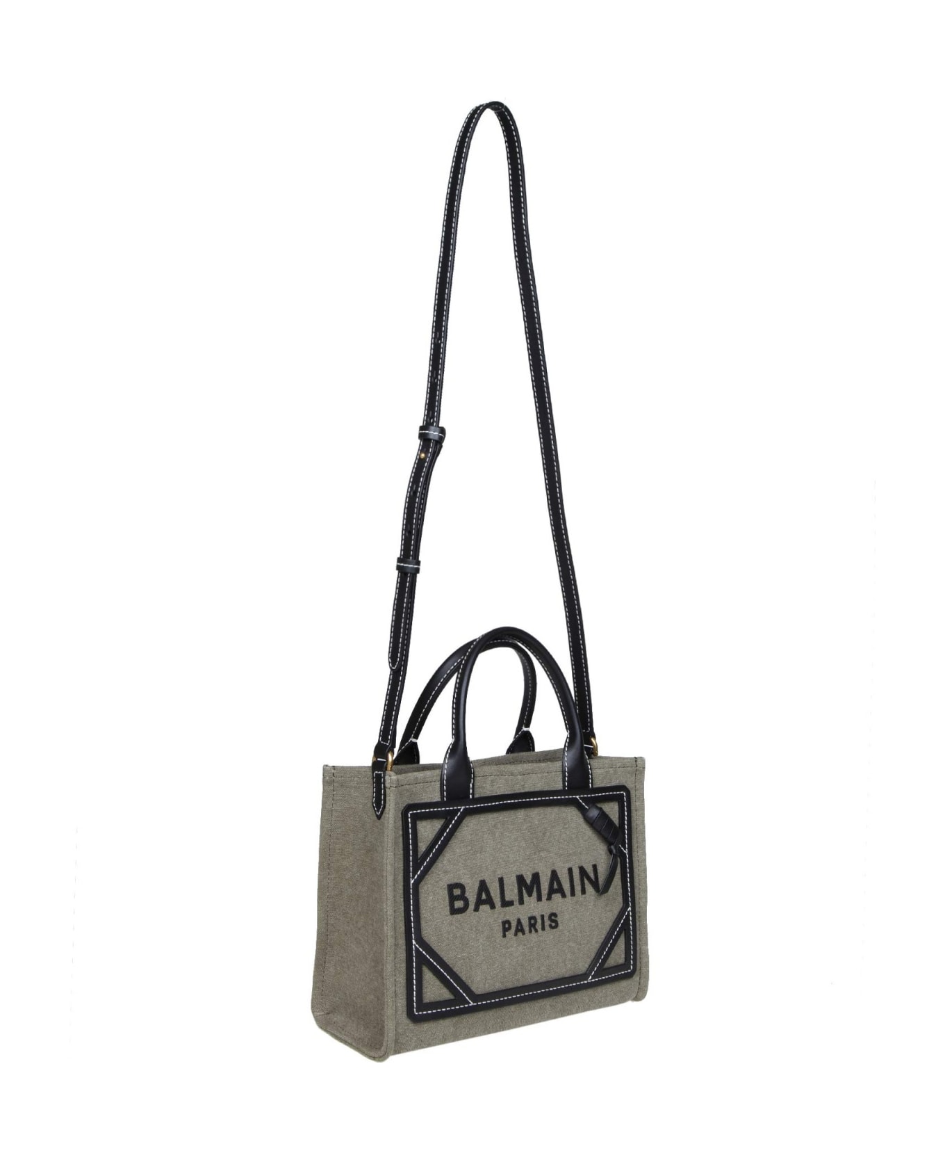 Balmain Small B-army Shopper In Canvas With Logo - kaki/noir
