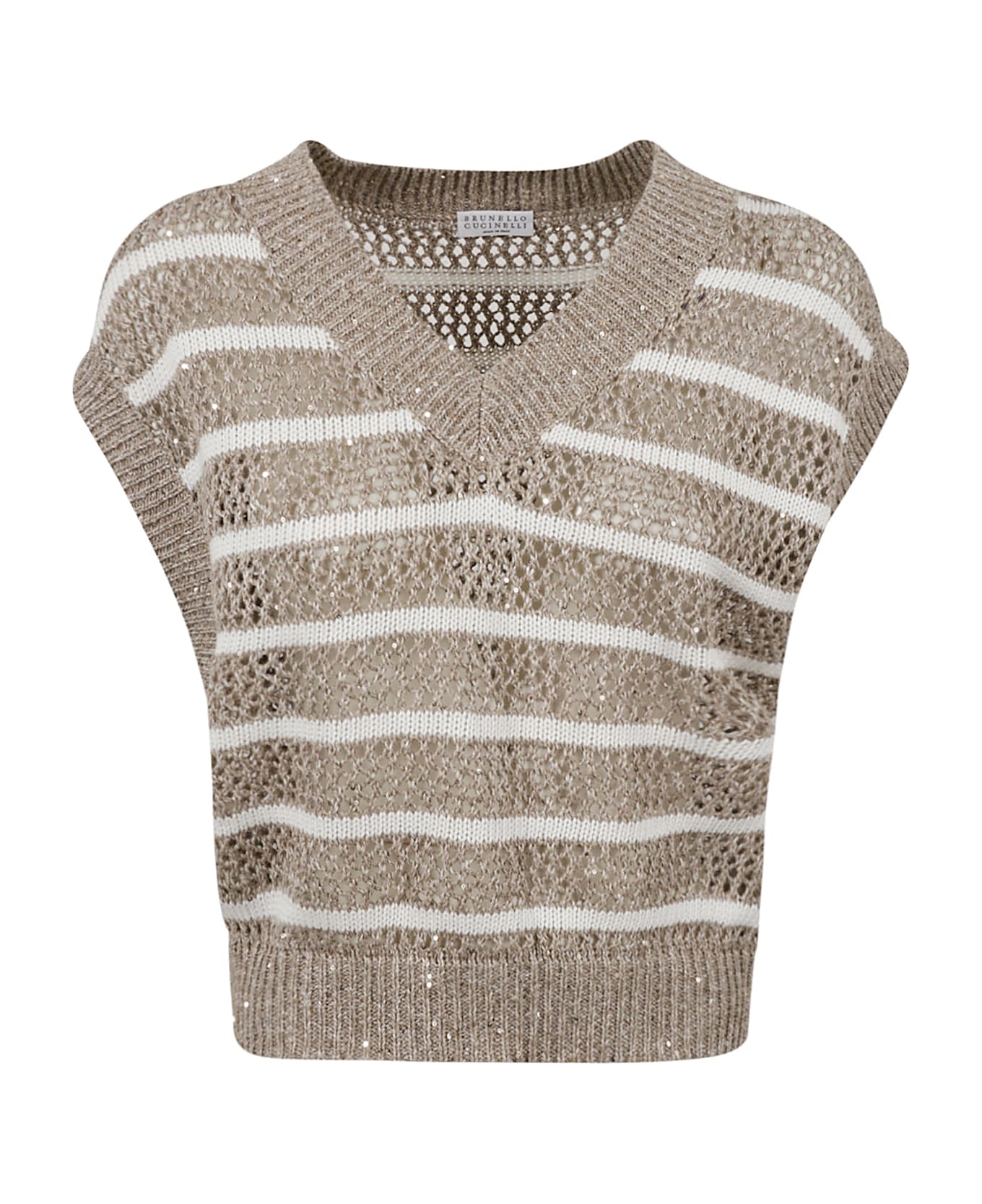 Brunello Cucinelli Crochet Knit V-neck Vest - Nut