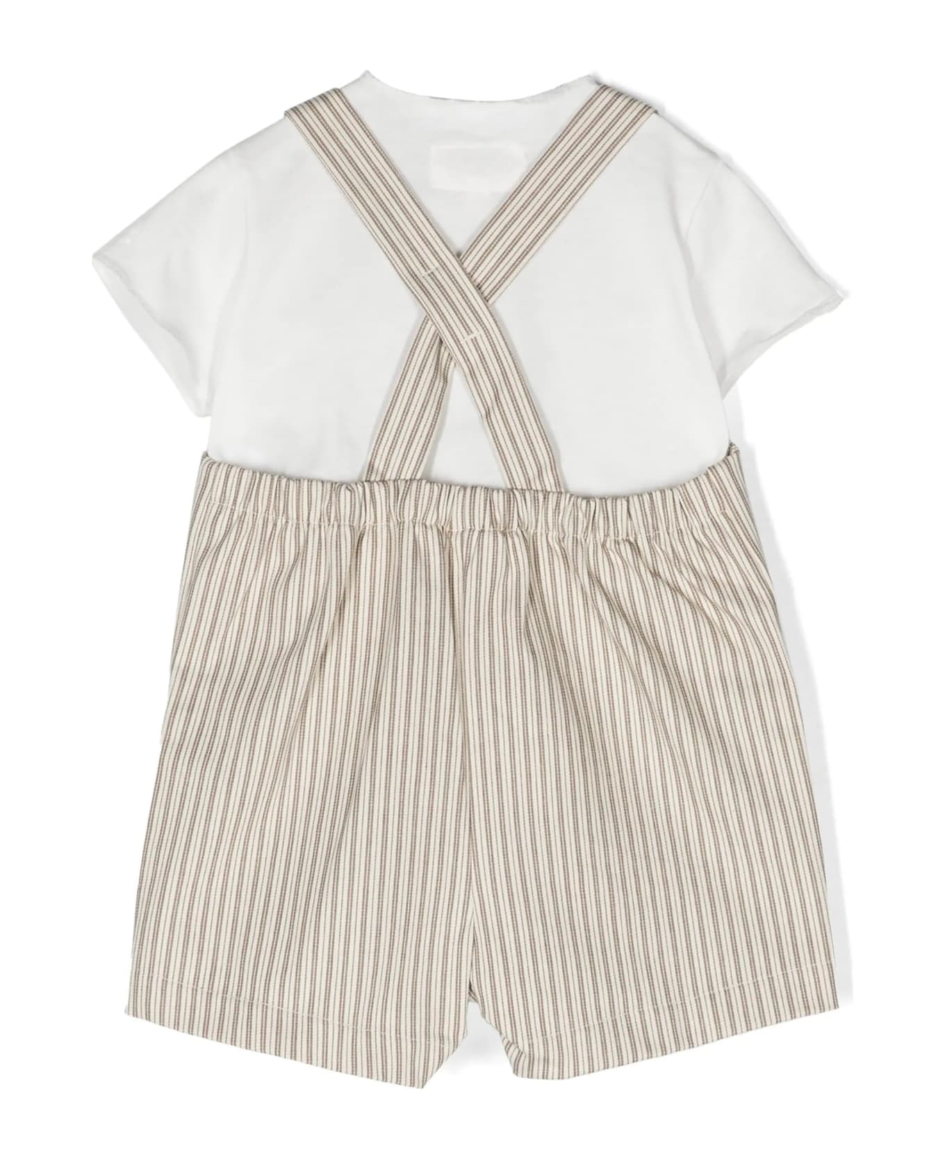 Teddy & Minou Two Piece Set With Striped Dungarees In Beige - Brown