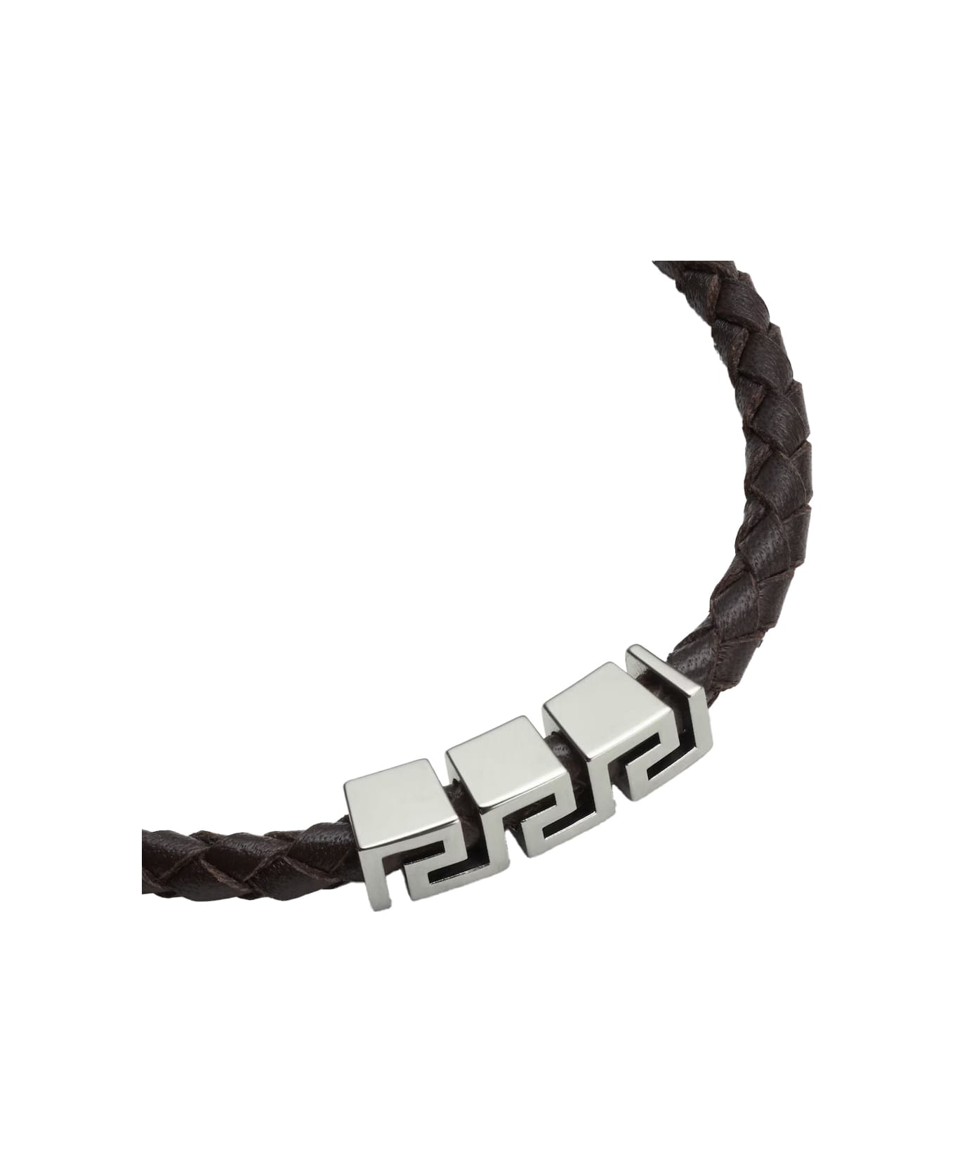 Versace Black Bracelet With Metal Plate And Pendant Detail In Leather Man - Metallic