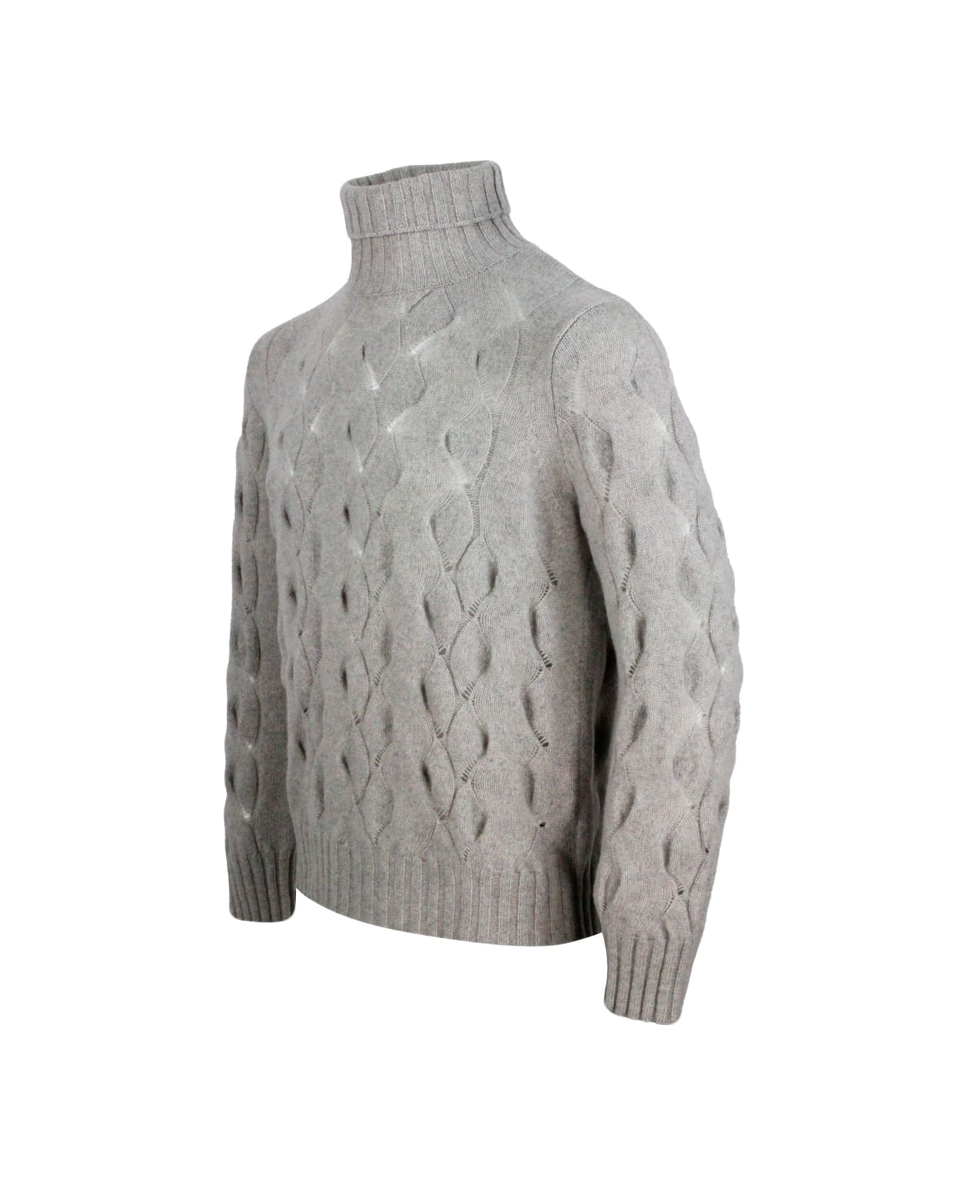 Malo Long-sleeved Turtleneck Sweater In Precious And Refined Wool And Cashmere With A Particular Flat Cable Knit. - Grey