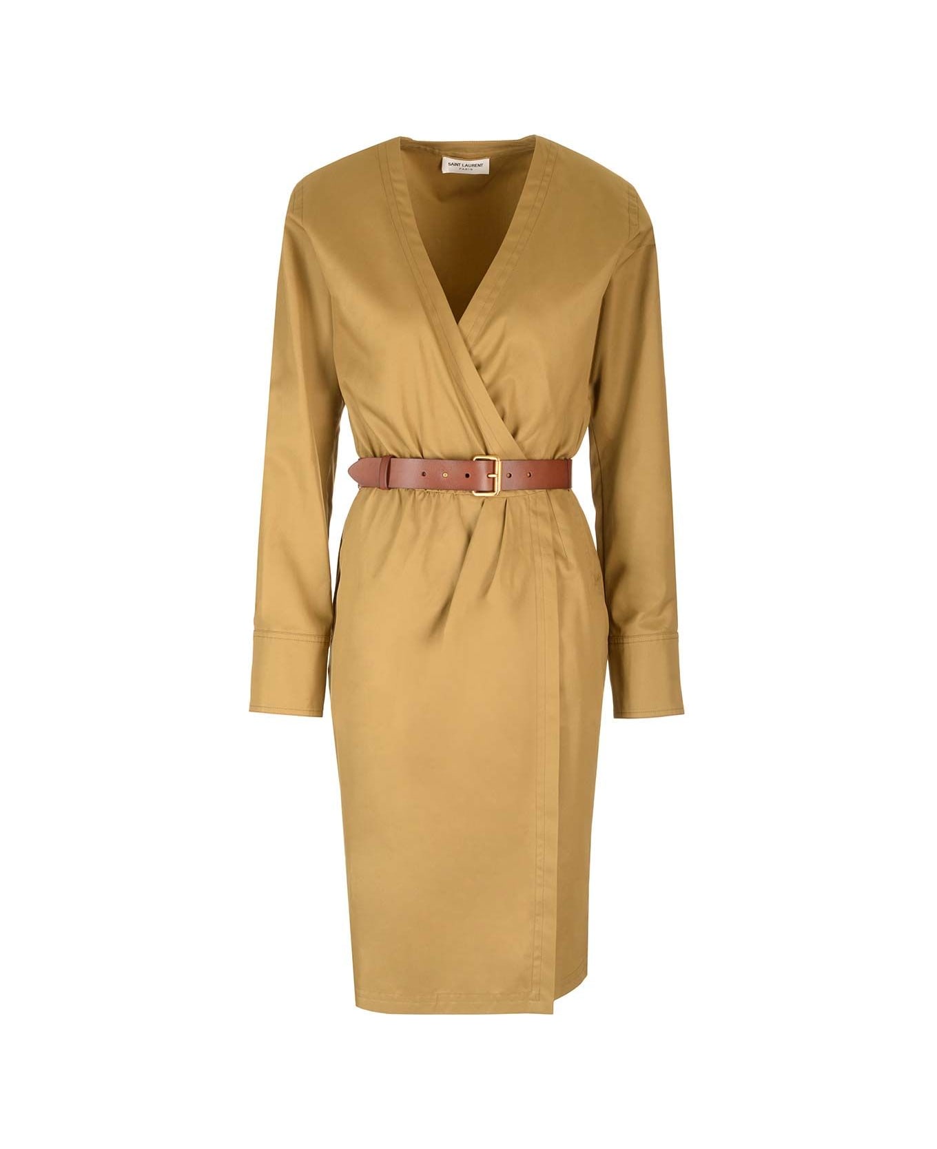 Saint Laurent Wrap Midi Dress - Beige