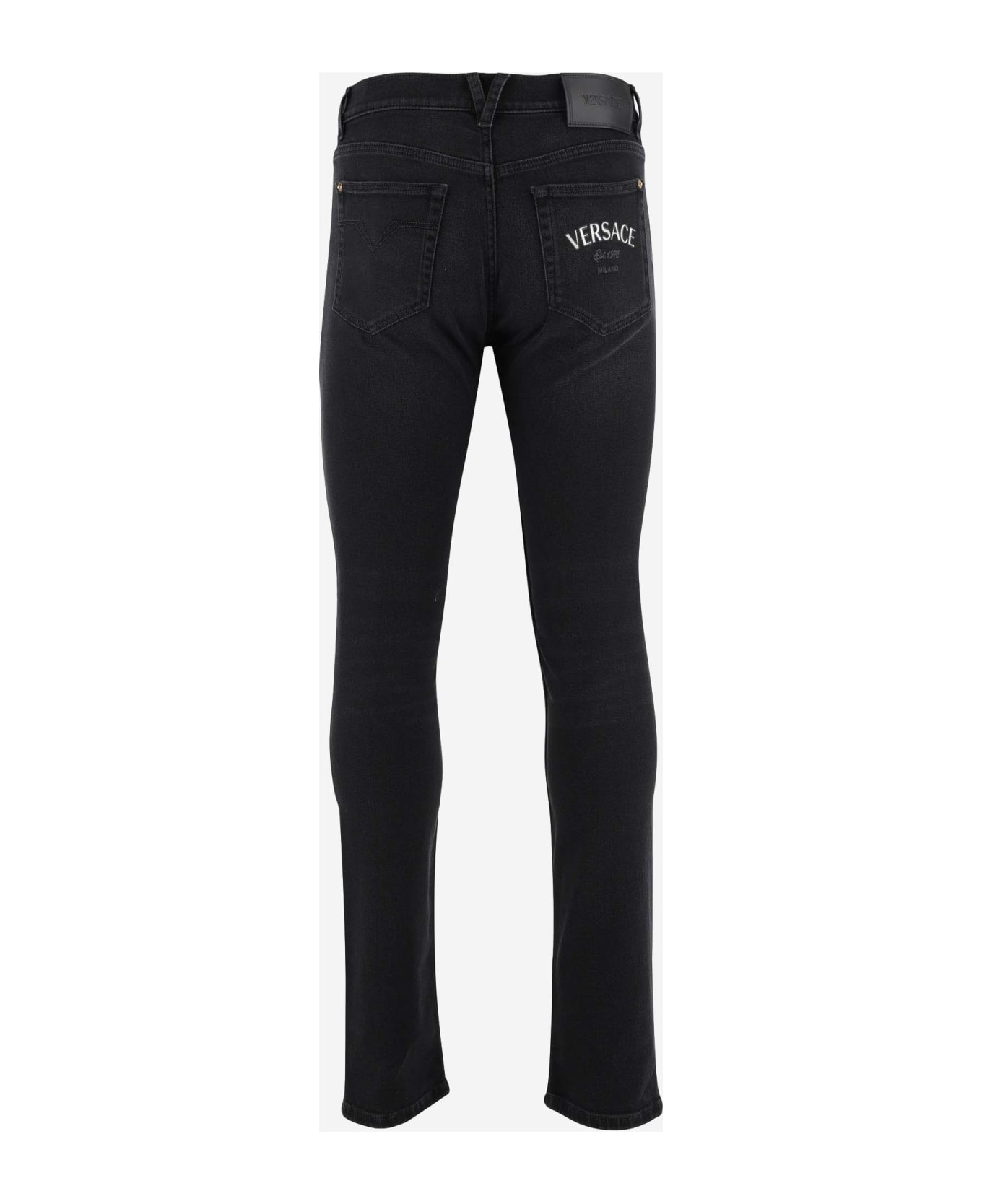 Versace Stretch Cotton Denim Jeans With Logo - Black