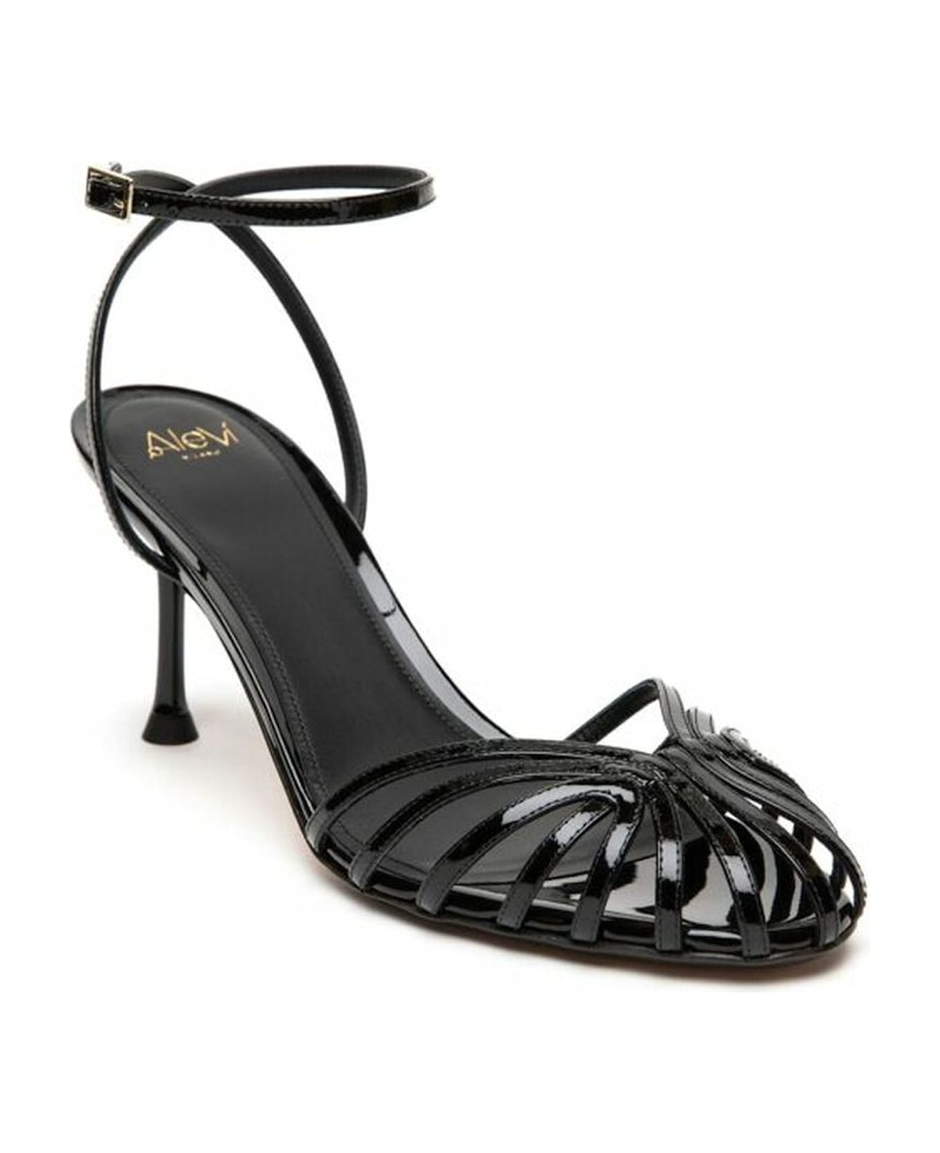 Alevì Black Patent Leather Cage Sandals - Black