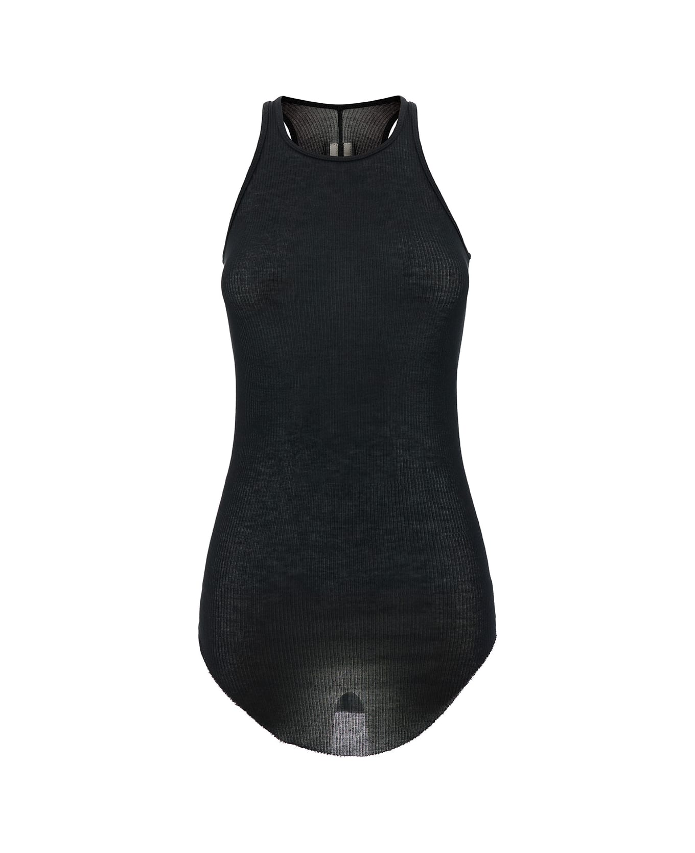 Rick Owens Black Ribbed Tank Top With Curved Hem In Viscose And Silk Blend Woman - BLACK