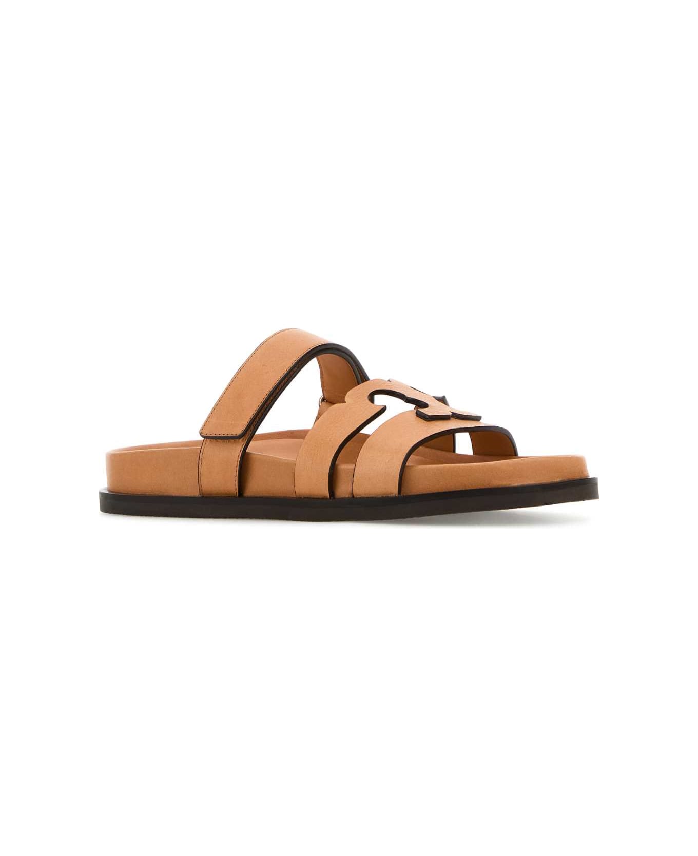 Tory Burch Orange Leather Lines Slippers - CAMEL